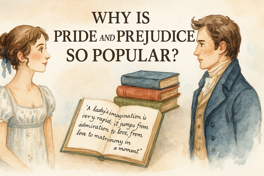 why is pride and prejudice so popular? image with books and man and woman in regency dress done in watercolor