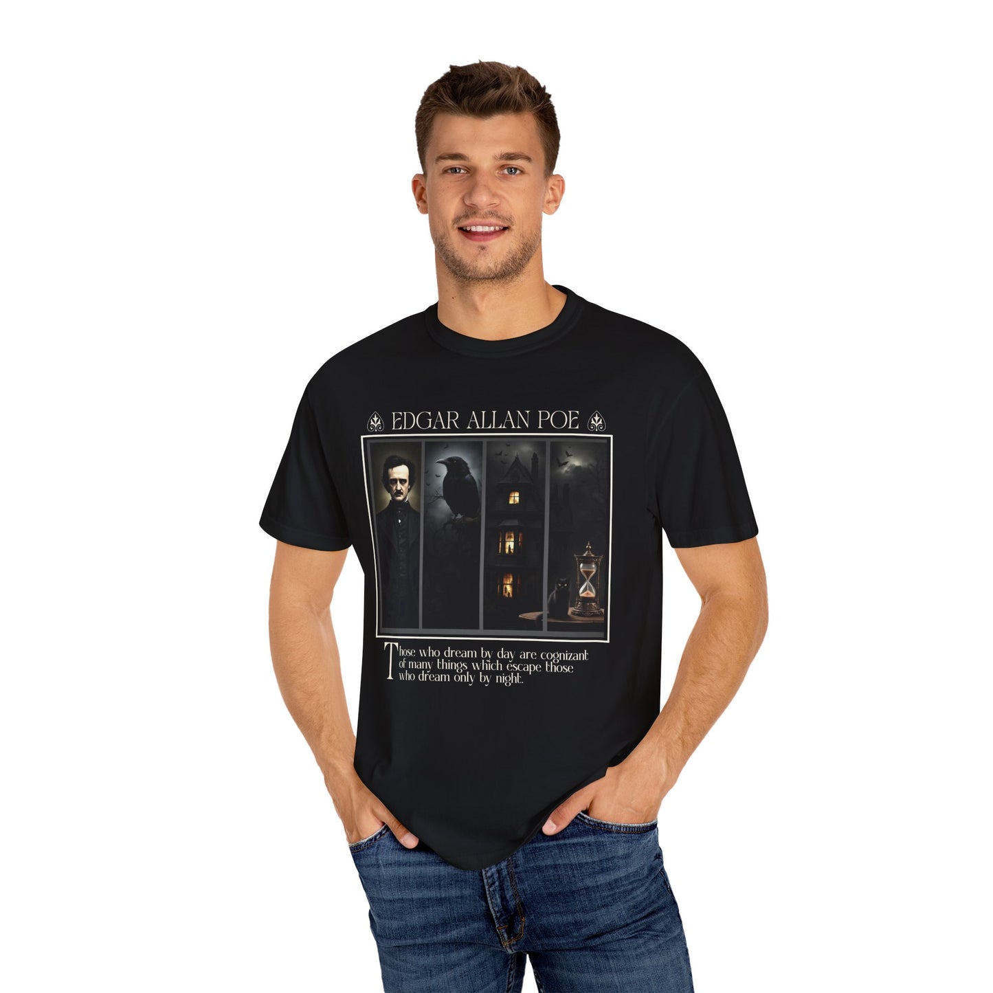 Edgar Allan Poe T-Shirt Gothic Graphic Tee The Raven Nevermore Quote Horror Literature Shirt Dark Academia Aesthetic Halloween Party Gift