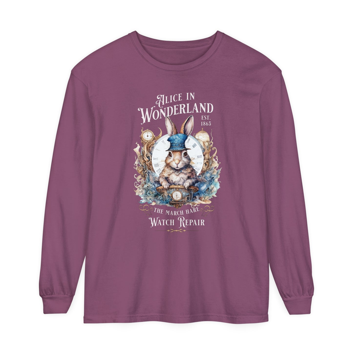 Alice in Wonderland Long Sleeve Shirt, Lewis Carroll Dark Academia TShirt, Mad Hatter Tea Party March Hare White Rabbit Bookish Booktok Gift Long-sleeve Printify Berry S