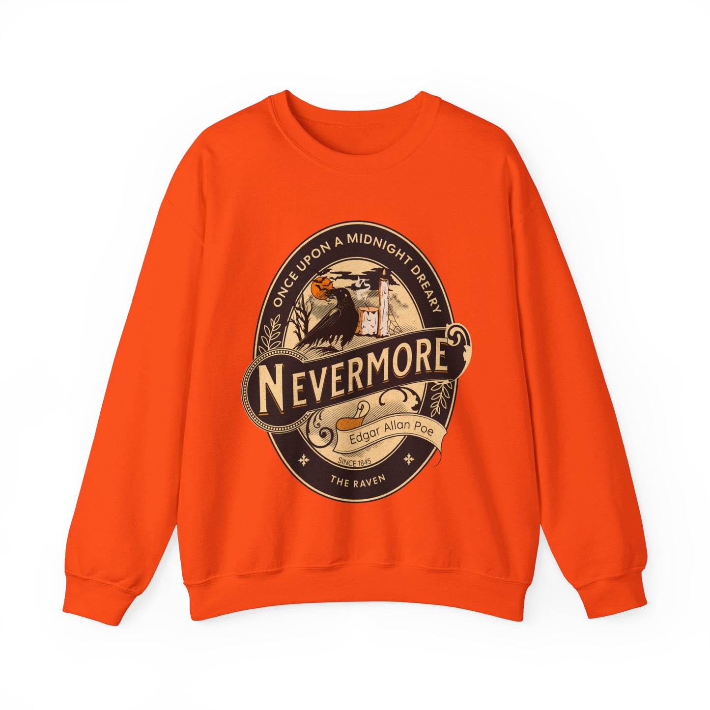 Edgar Allan Poe, Nevermore The Raven Sweatshirt, Book Lover, Halloween, Haunting Gothic Gift, Light, Dark Academia, Horror Movie Sweater Sweatshirt Printify S Orange