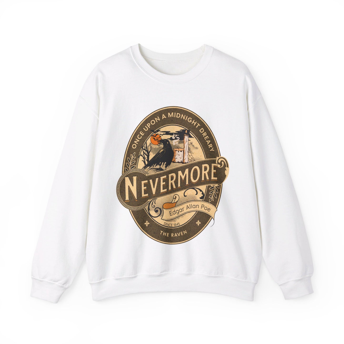 Edgar Allan Poe, Nevermore The Raven Sweatshirt, Book Lover, Halloween, Haunting Gothic Gift, Light, Dark Academia, Horror Movie Sweater Sweatshirt Printify S White