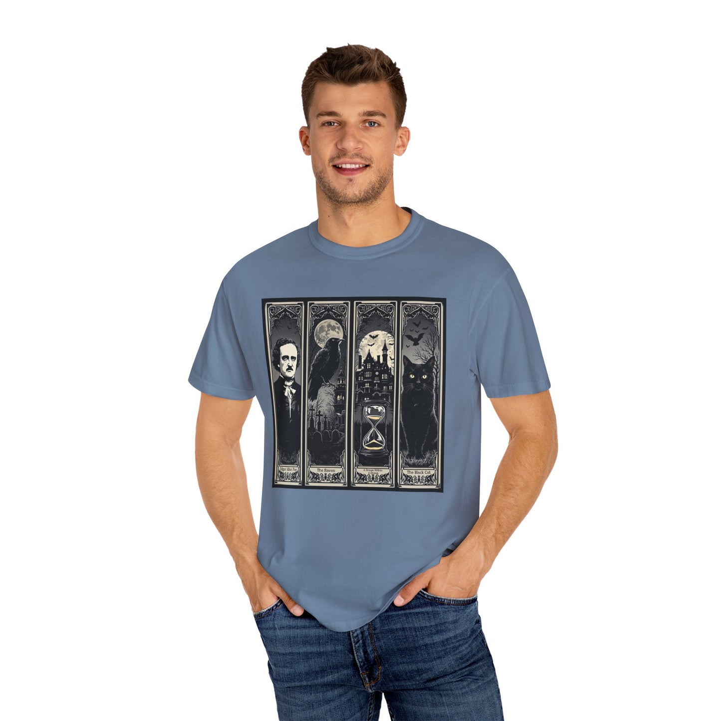 Edgar Allan Poe T-Shirt Gothic Graphic Tee The Raven Nevermore Quote Horror Literature Shirt Dark Academia Aesthetic Halloween Party Gift