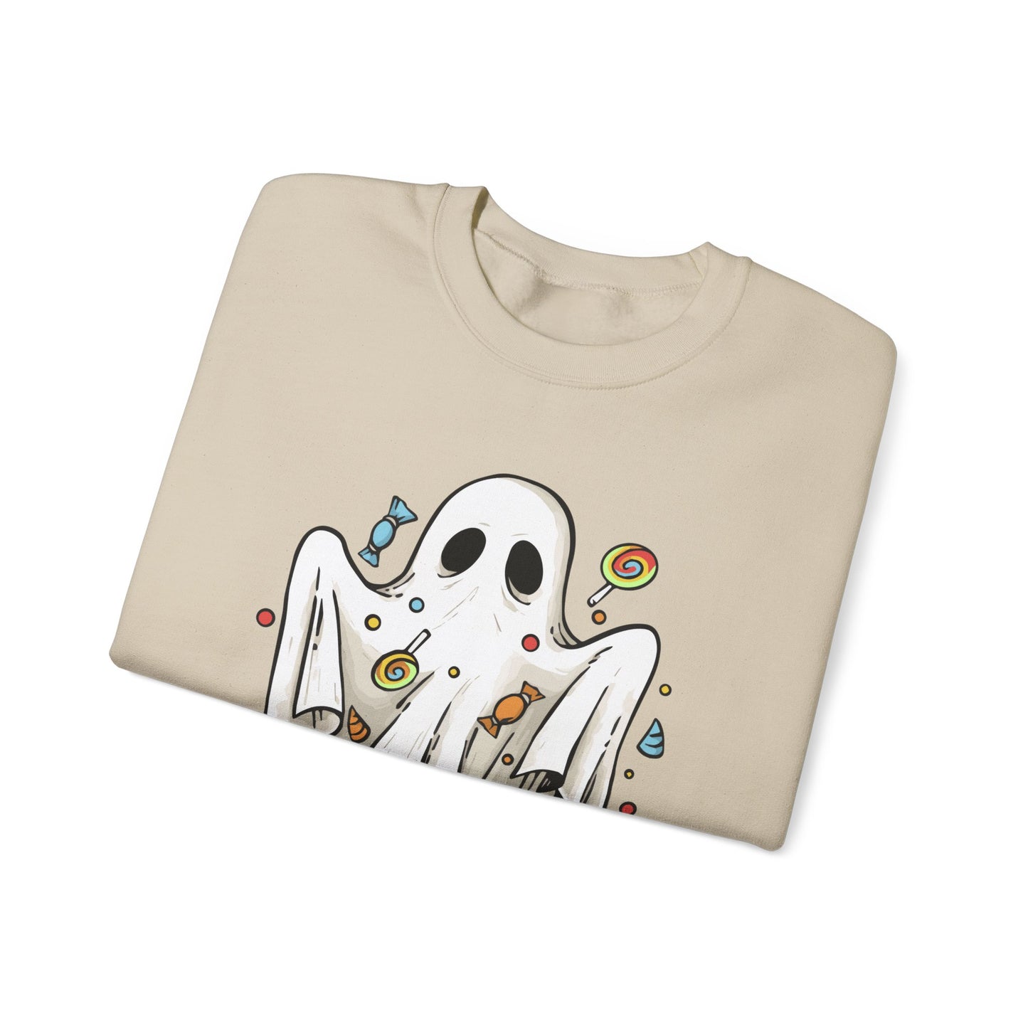 Cute Halloween Ghost Floating, Covered in Candy Sweatshirt, Trick or Treat Shirt, Spooky Ghost Season, Fun Halloween Party, Festival Sweater Sweatshirt Printify