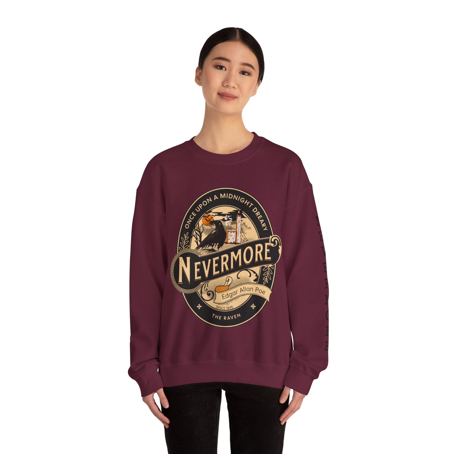 Edgar Allan Poe, Sleeve Print Nevermore The Raven Sweatshirt, Book Lover, Halloween, Haunting Gothic Gift, Light, Dark Academia, Horror Movie Sweater Sweatshirt Printify