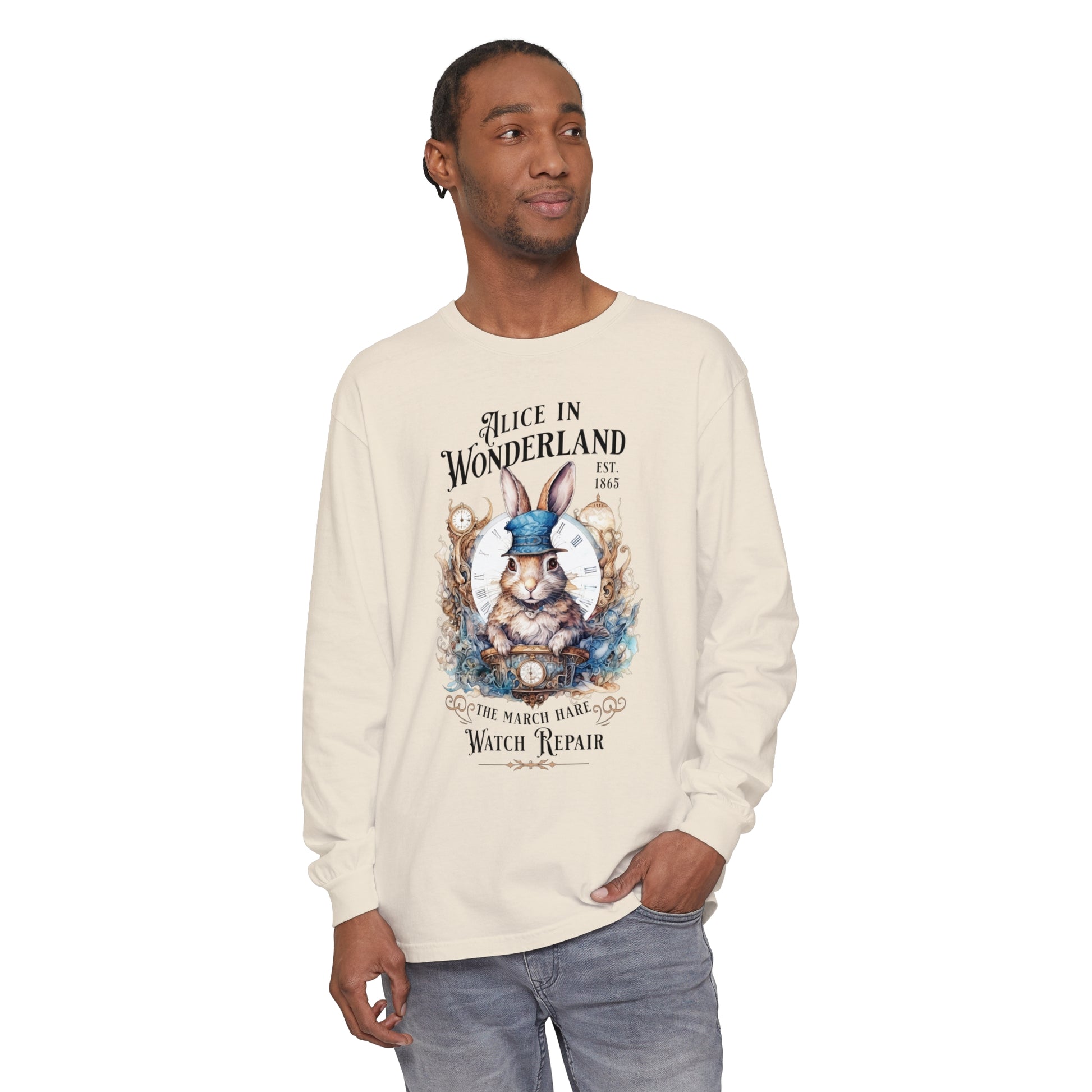 Alice in Wonderland Long Sleeve Shirt, Lewis Carroll Dark Academia TShirt, Mad Hatter Tea Party March Hare White Rabbit Bookish Booktok Gift Long-sleeve Printify