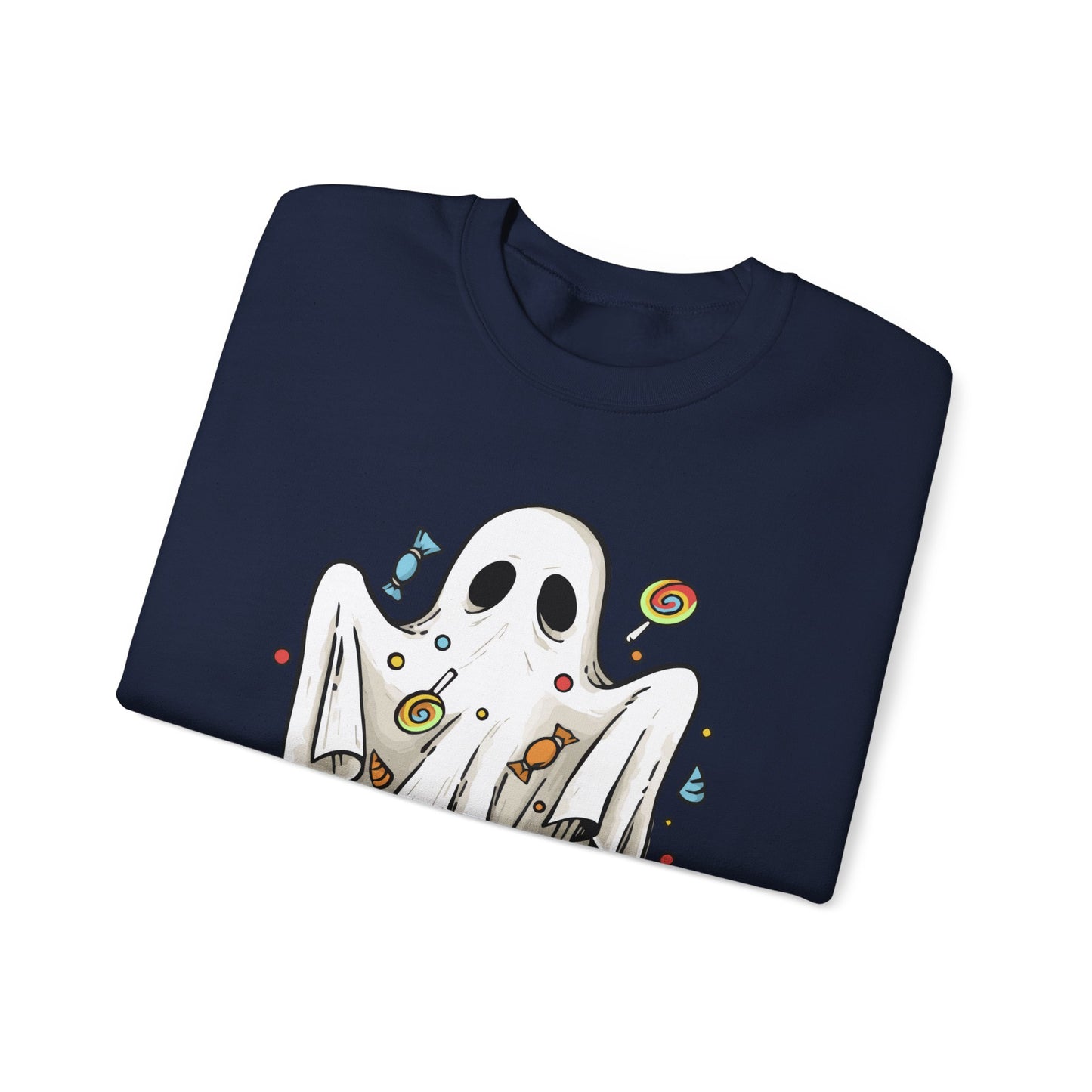 Cute Halloween Ghost Floating, Covered in Candy Sweatshirt, Trick or Treat Shirt, Spooky Ghost Season, Fun Halloween Party, Festival Sweater Sweatshirt Printify