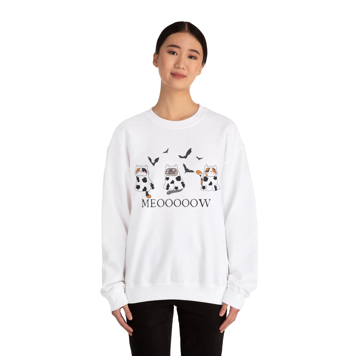 Cute Halloween Cow Ghost Cats Sweatshirt, Cats in Cow Ghost Costumes, Spooky Season Sweater, Halloween Party Shirt, Cat Lover Gift Sweatshirt Printify