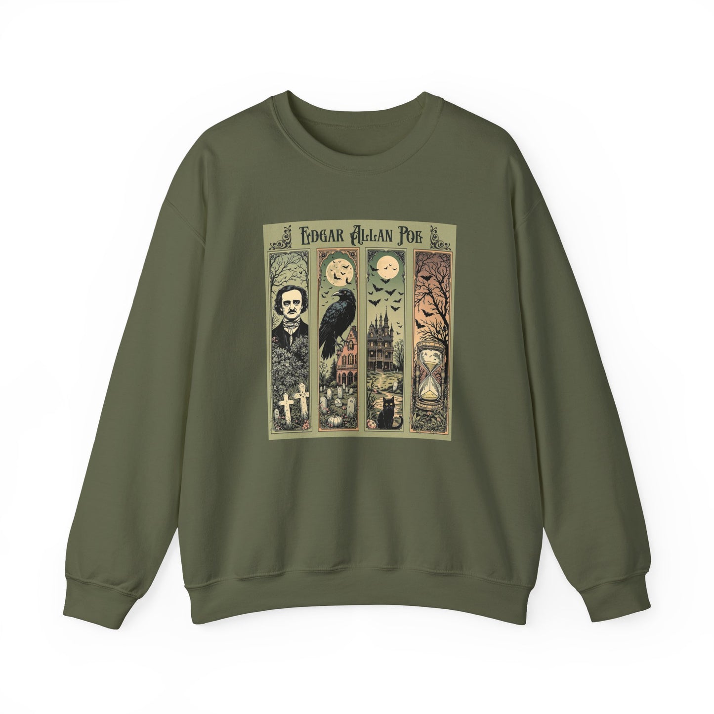 Edgar Allan Poe Sweatshirt The Raven Nevermore Gothic Horror Sweater Dark Academia Macabre Halloween Gift for Book Lovers Birthday Christmas Sweatshirt Printify Military Green S