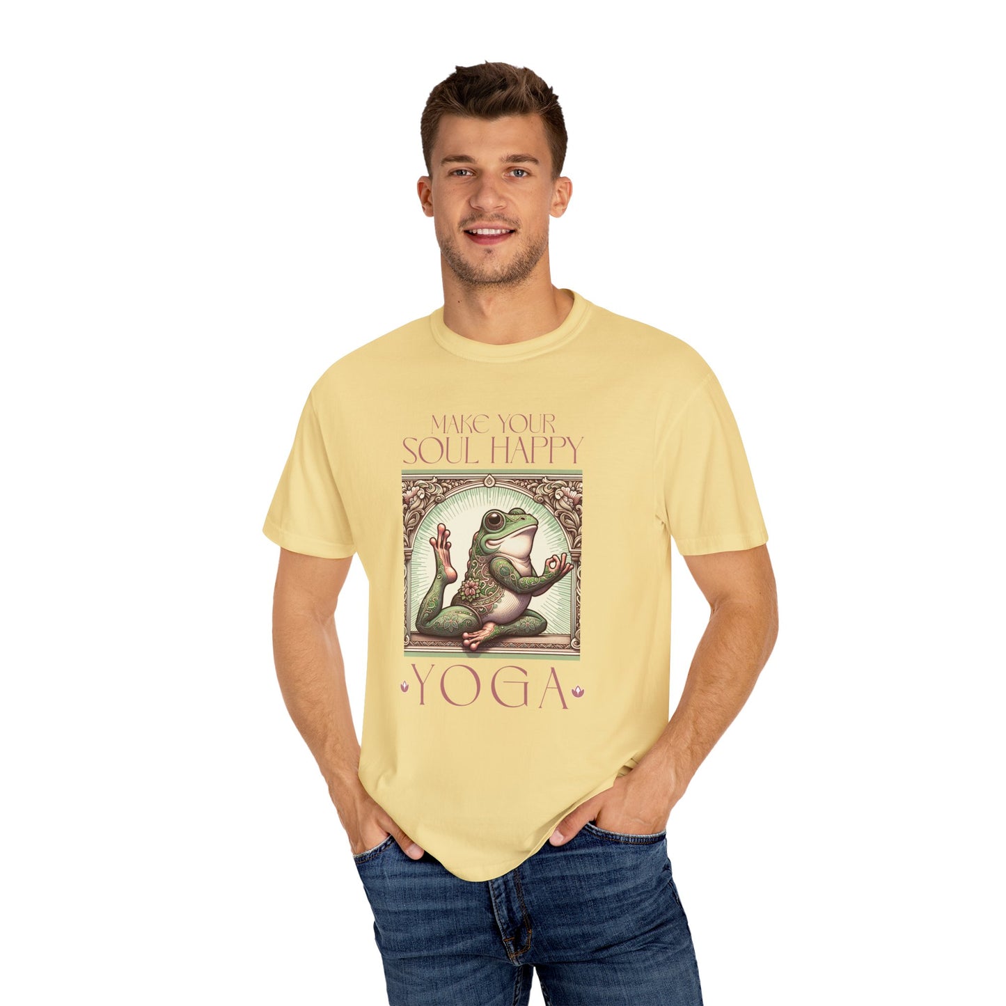 Yoga Frog Make Your Soul Happy Pink Unisex T-Shirt, Casual Wear, Highlander Fan Gift, Comfortable Graphic Tee T-Shirt Printify