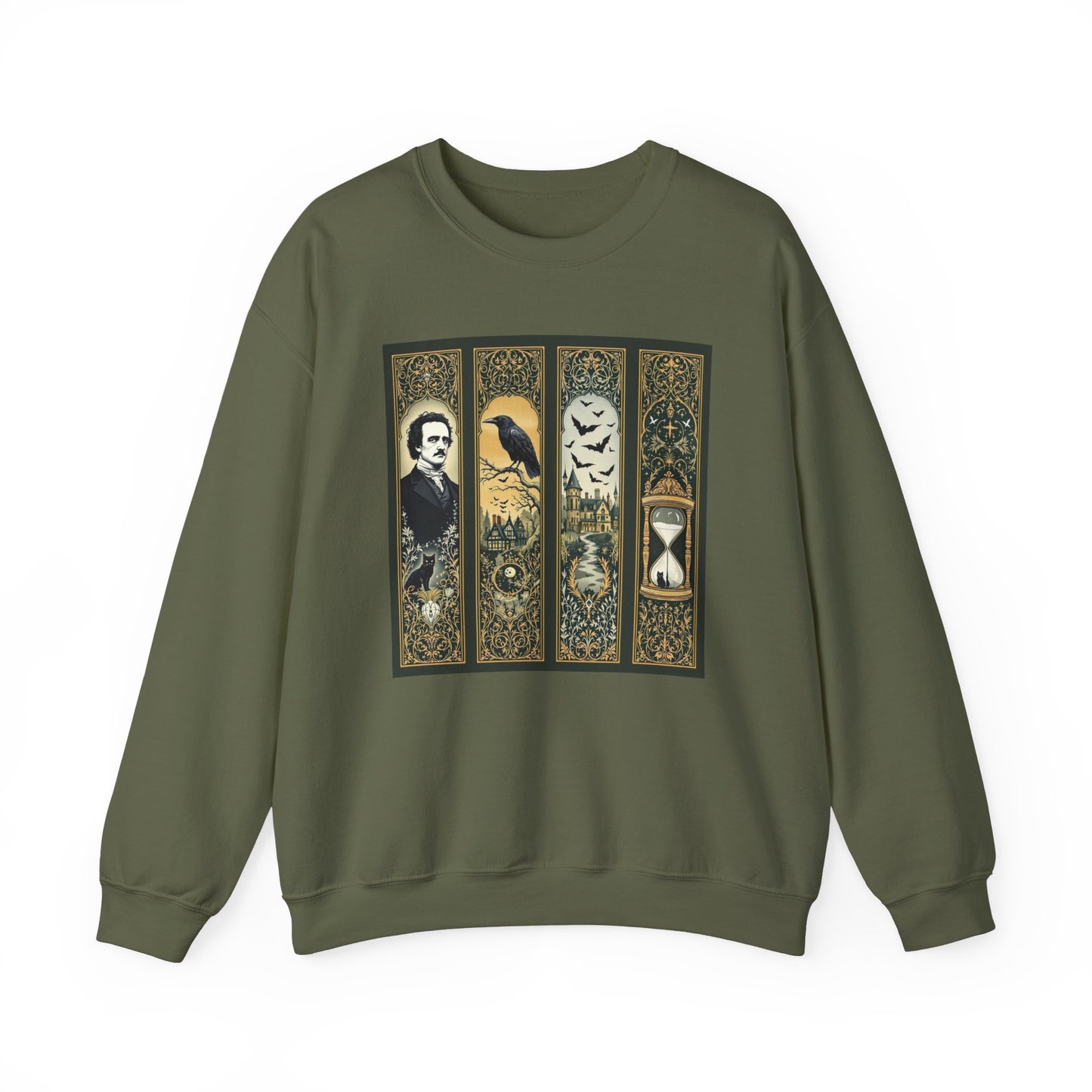 Edgar Allan Poe Sweatshirt The Raven Nevermore Gothic Horror Sweater Dark Academia Macabre Halloween Gift for Book Lovers Birthday Christmas Sweatshirt Printify Military Green S