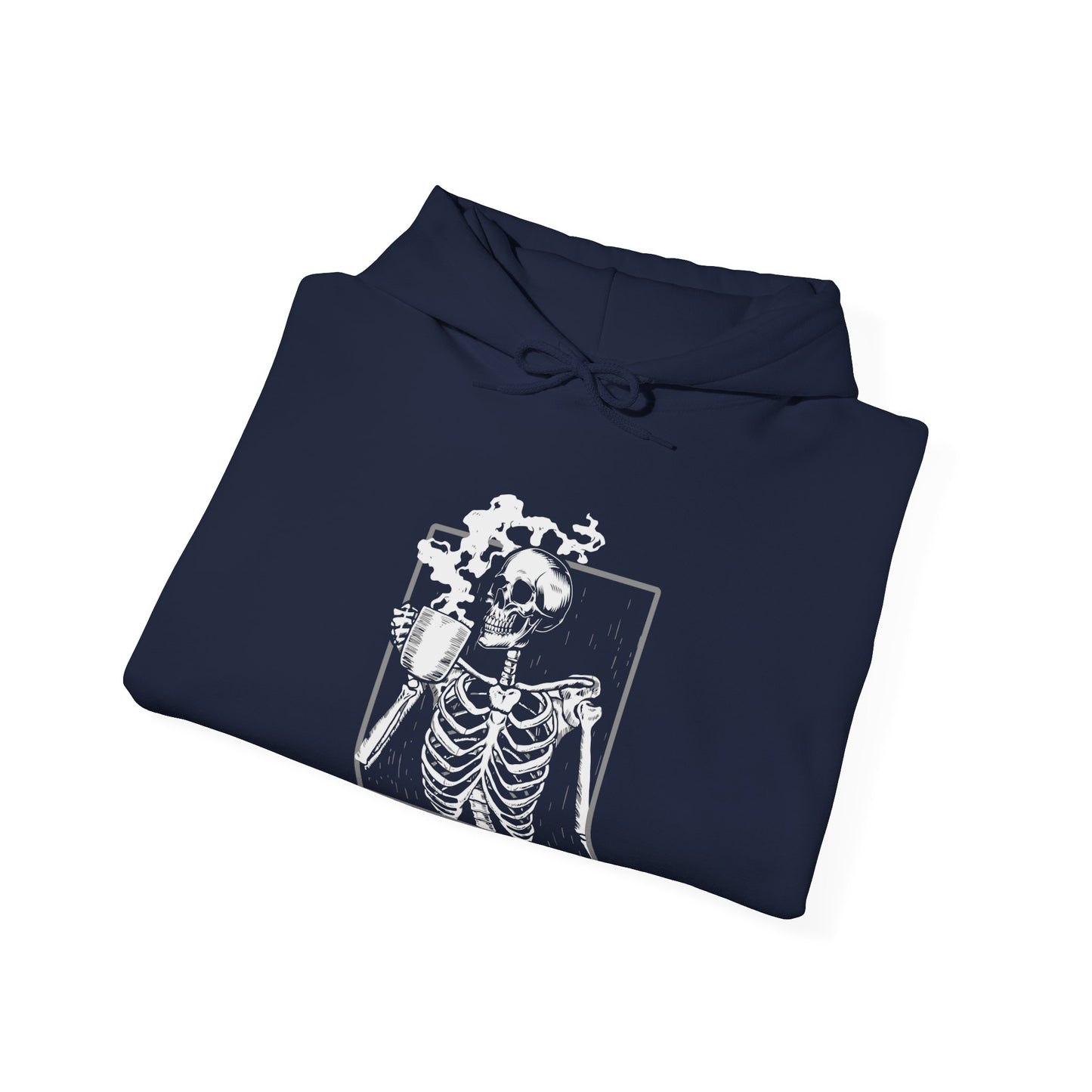 Halloween Skeleton Hoodie, Funny Coffee Drinking Skeleton, Spooky Season Sweater, Trick or Treating Shirt, Warm Halloween Party Hoodie Hoodie Printify