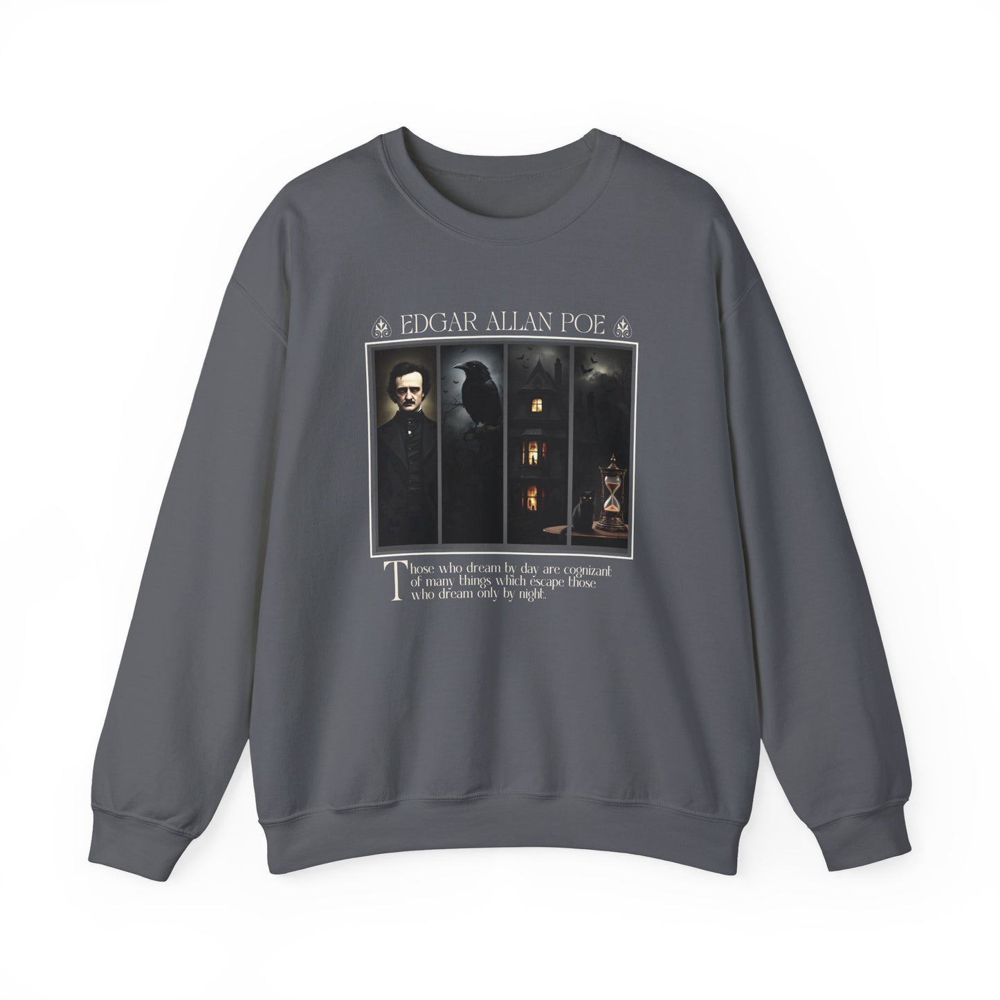 Edgar Allan Poe Sweatshirt The Raven Nevermore Gothic Horror Sweater Dark Academia Macabre Halloween Gift for Book Lovers Birthday Christmas Sweatshirt Printify Charcoal S