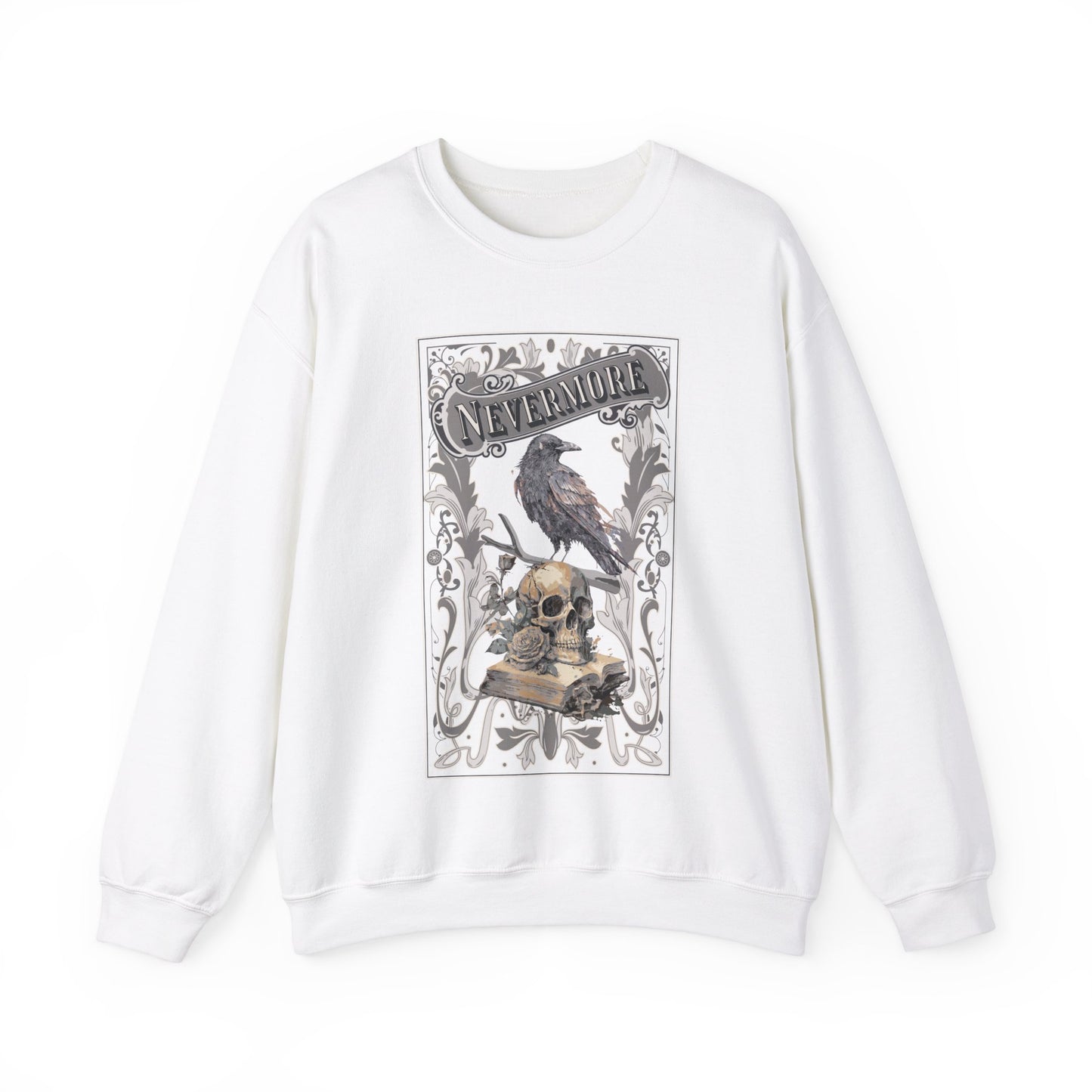 Edgar Allan Poe, Nevermore The Raven Sweatshirt, Book Lover, Halloween, Haunting Gothic Gift, Light, Dark Academia, Horror Movie Sweater Sweatshirt Printify S White