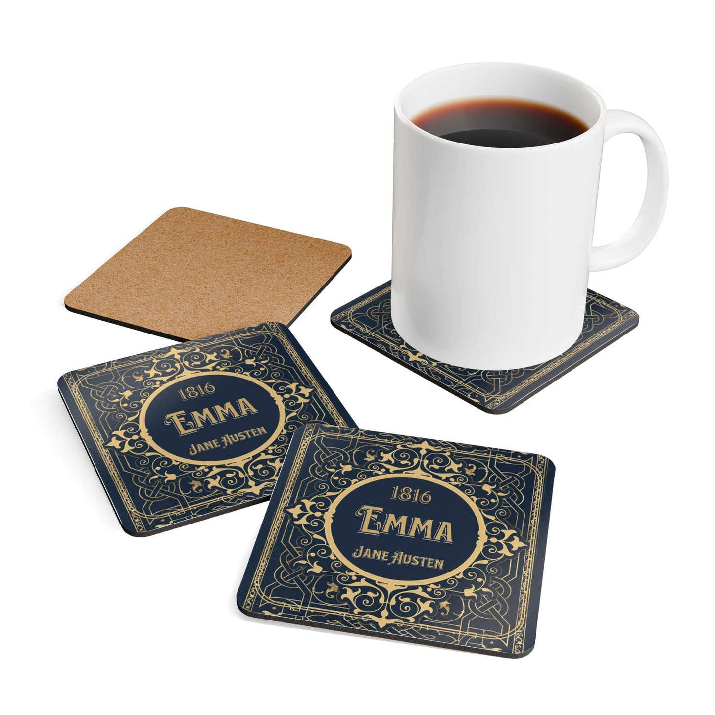 Jane Austen Coffee Mug Coasters, Emma Historical Romance Home Decor, Bookish Bookclub Literary Set of 4 Fan Art Coasters, Gifts for Her, Home Decor Printify