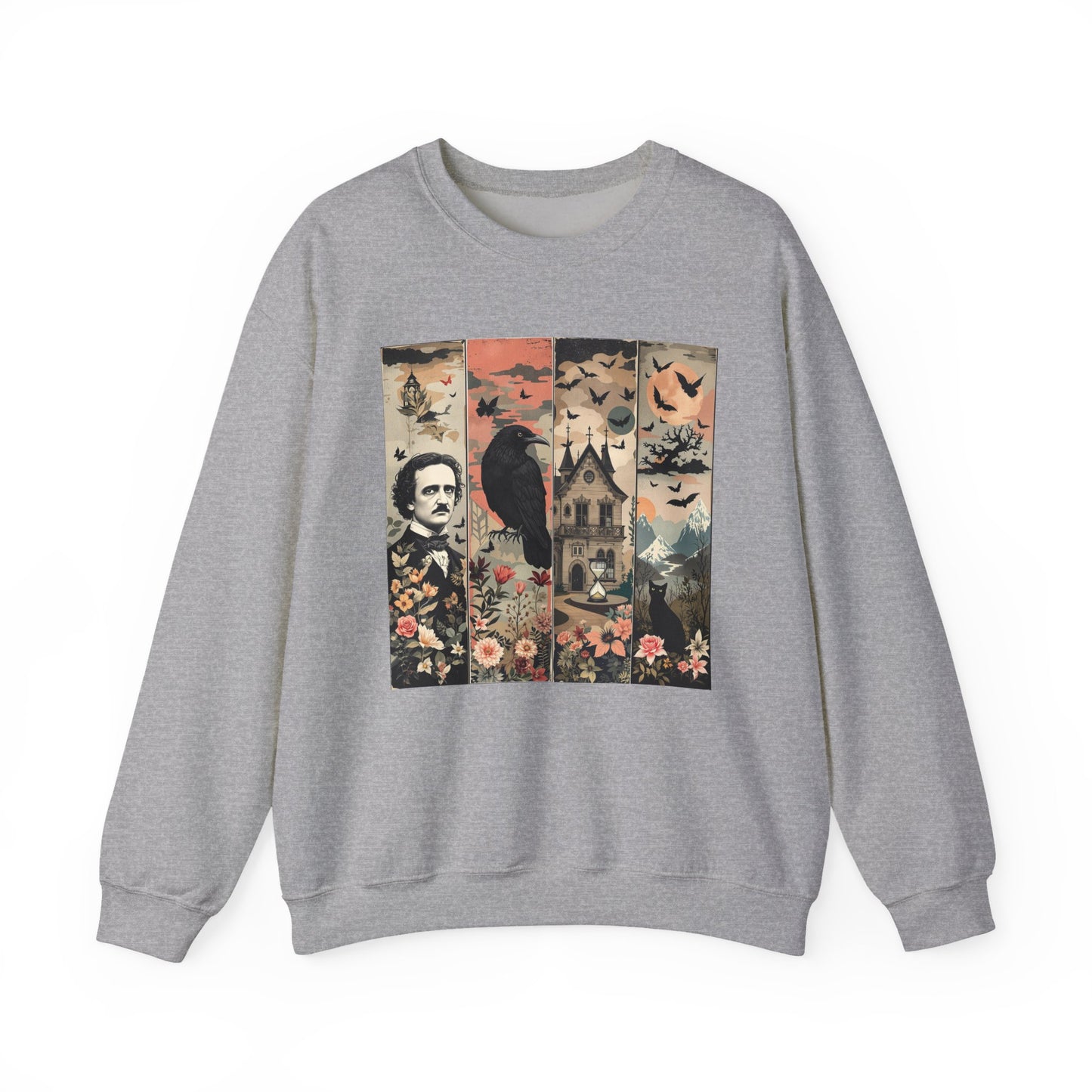 Edgar Allan Poe Sweatshirt The Raven Nevermore Gothic Horror Sweater Dark Academia Macabre Halloween Gift for Book Lovers Birthday Christmas Sweatshirt Printify Sport Grey S