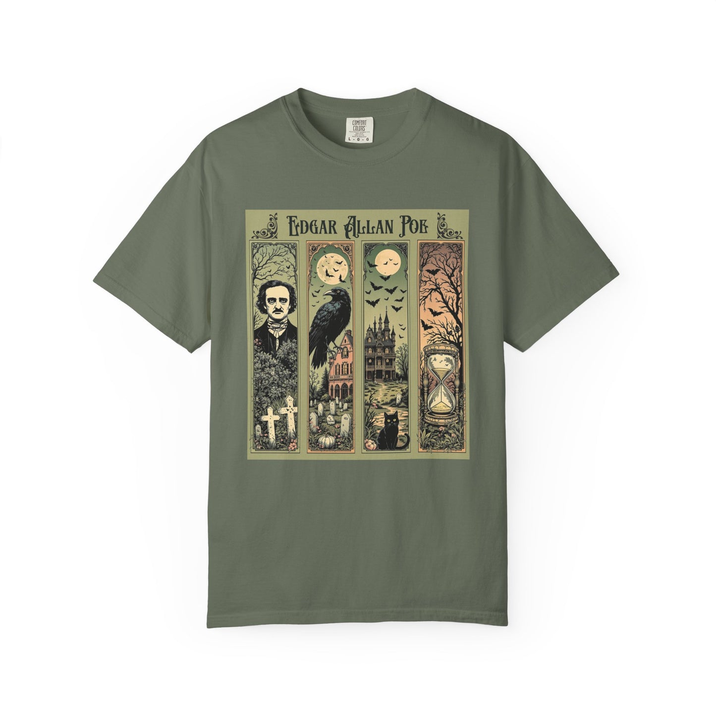 Edgar Allan Poe T-Shirt Gothic Graphic Tee The Raven Nevermore Quote Horror Literature Shirt Dark Academia Aesthetic Halloween Party Gift T-Shirt Printify Moss S