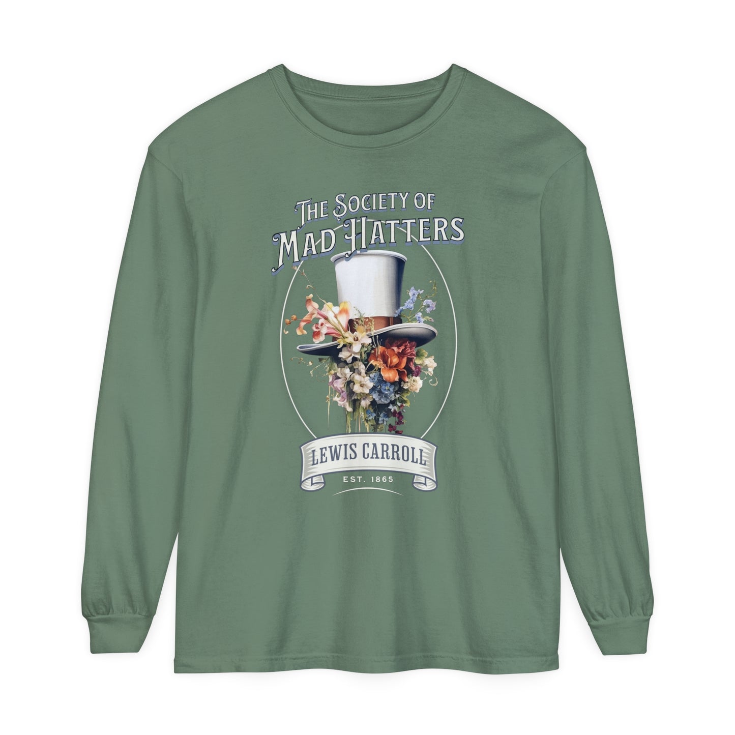 Alice in Wonderland Long Sleeve Shirt, Vintage Lewis Carroll The Mad Hatter TShirt, Tea Party, Queen of Hearts Bookish Booktok Academia Gift Long-sleeve Printify Light Green S