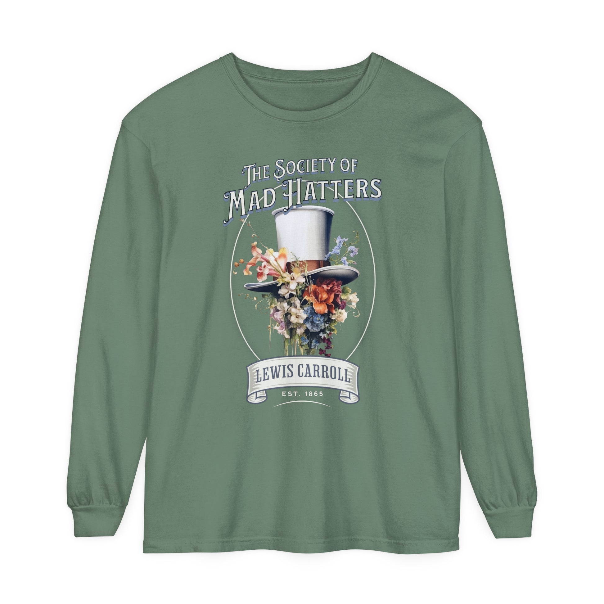 Alice in Wonderland Long Sleeve Shirt, Vintage Lewis Carroll The Mad Hatter TShirt, Tea Party, Queen of Hearts Bookish Booktok Academia Gift Long-sleeve Printify Light Green S