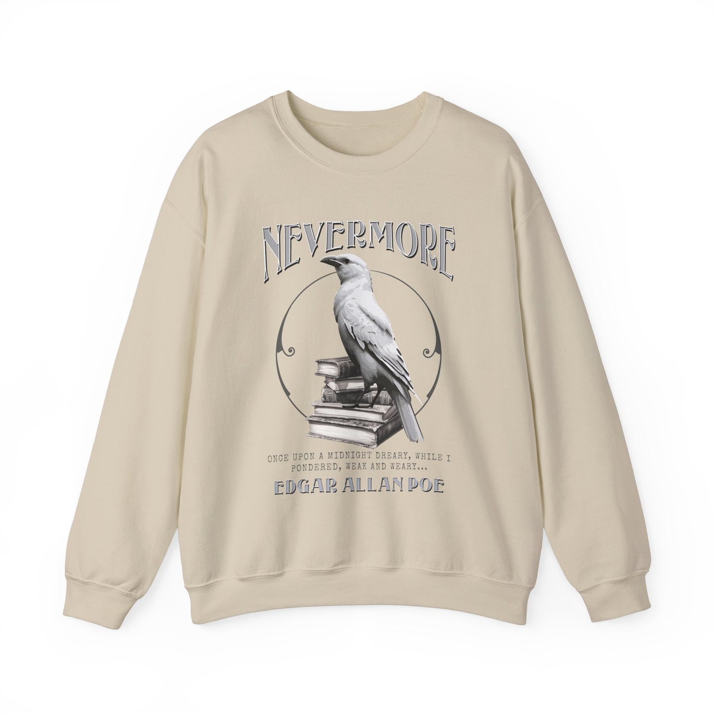 The White Raven Edgar Allan Poe Nevermore Sweatshirt Book Lover Halloween Haunting Gothic Gift Light Dark Academia Horror Movie Bookclub Sweater Sweatshirt Printify S Sand