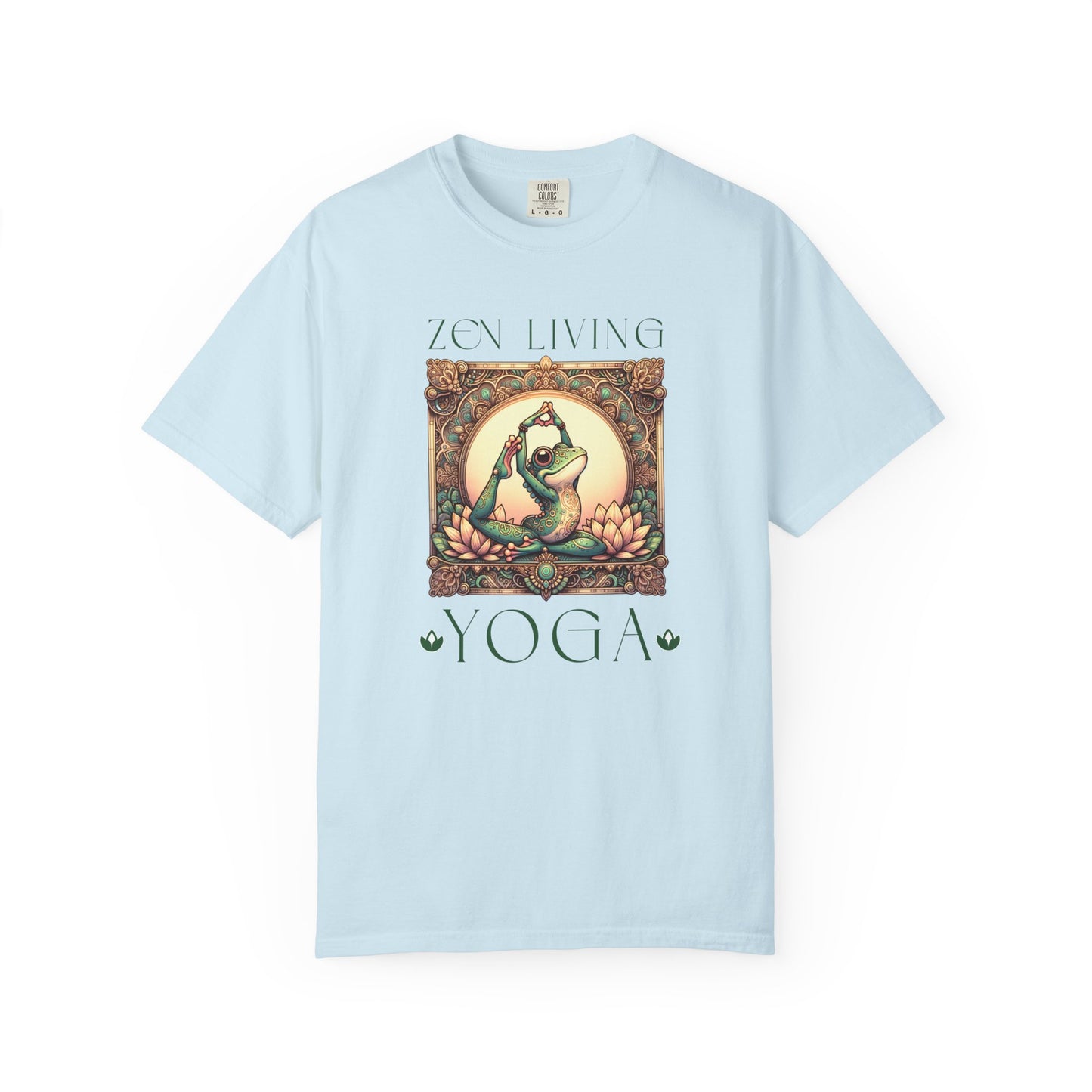 Green Yoga Frog Zen Living Unisex T-Shirt, Casual Wear, Highlander Fan Gift, T-Shirt Printify Chambray S