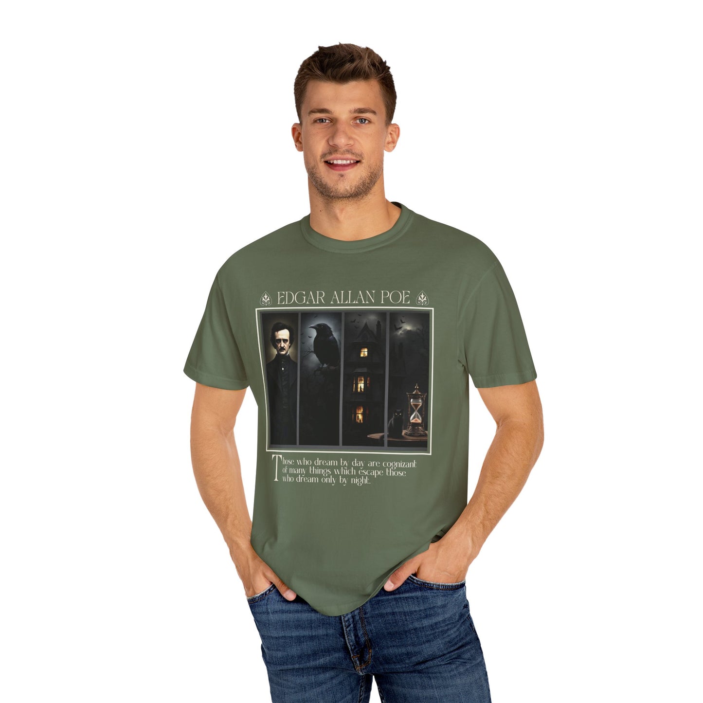 Edgar Allan Poe T-Shirt Gothic Graphic Tee The Raven Nevermore Quote Horror Literature Shirt Dark Academia Aesthetic Halloween Party Gift