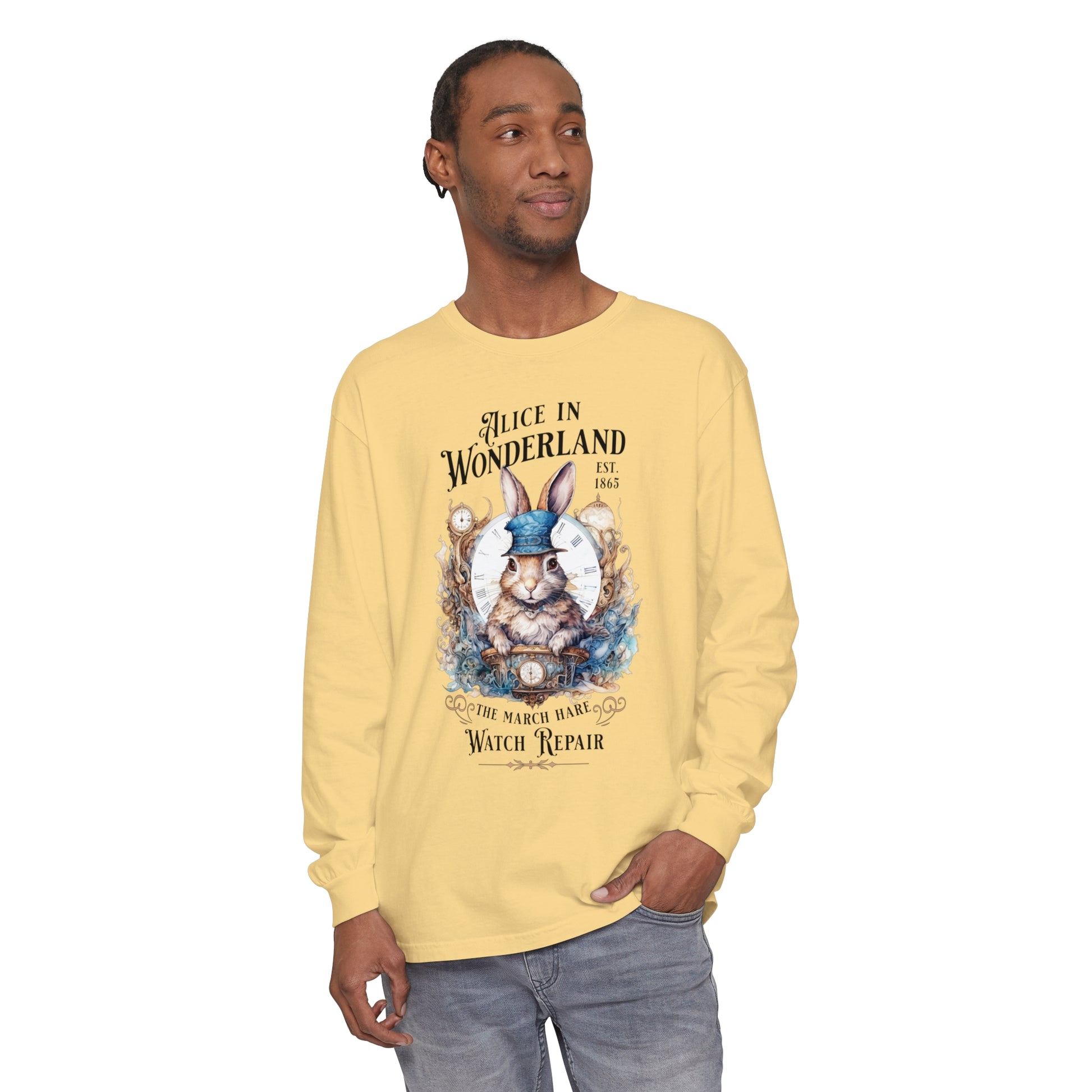 Alice in Wonderland Long Sleeve Shirt, Lewis Carroll Dark Academia TShirt, Mad Hatter Tea Party March Hare White Rabbit Bookish Booktok Gift Long-sleeve Printify