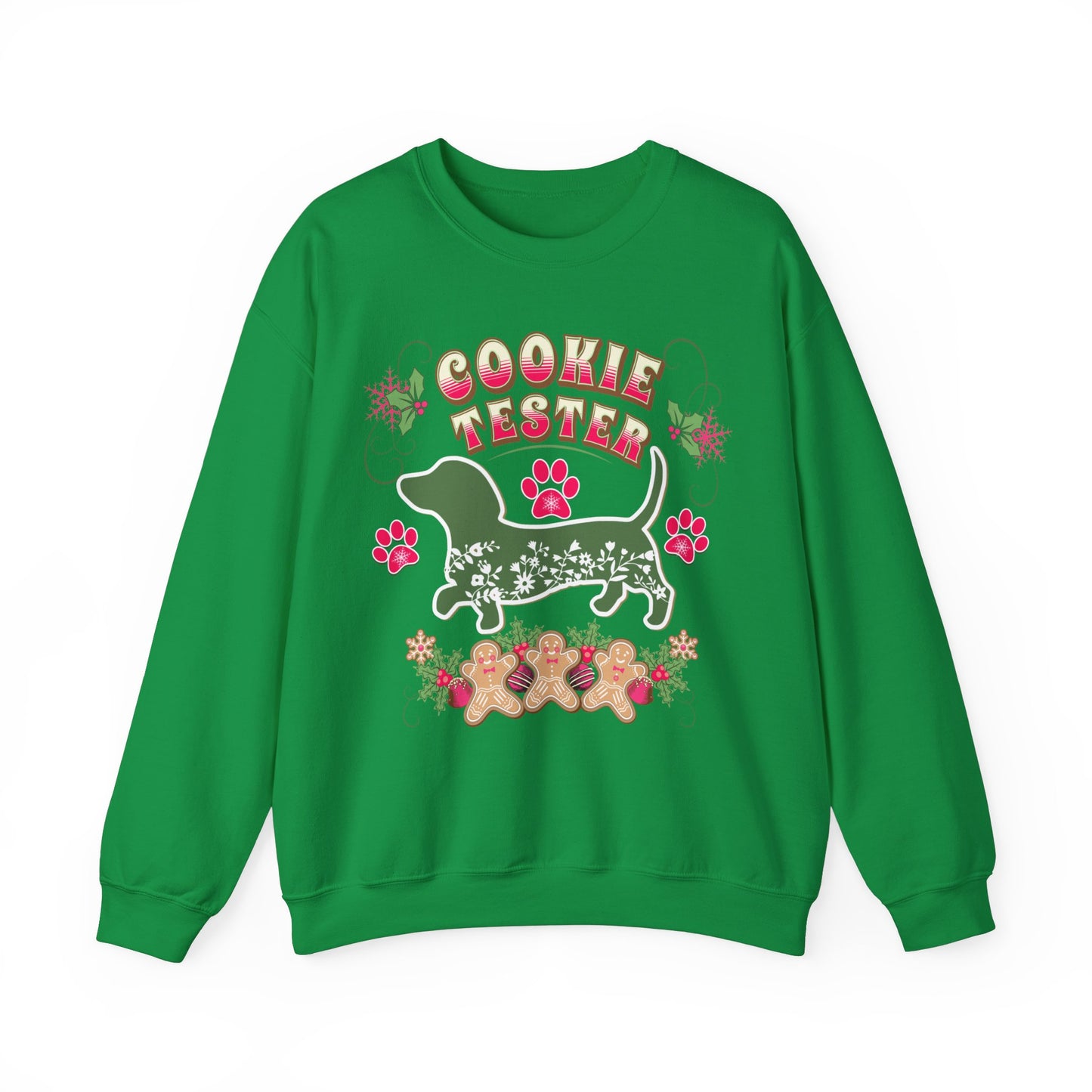 Christmas Dachshund Lover Baking Sweatshirt, Doxie Cookie Tester XMas T-Shirt, Dog Lover Shirt, Matching Family Christmas Cookie Baking Gift Sweatshirt Printify S Irish Green