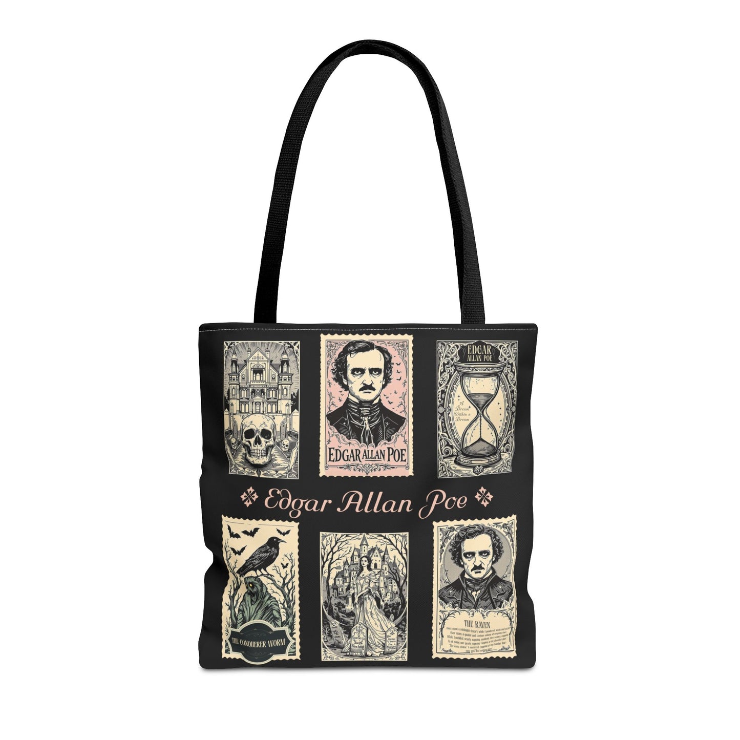 Edgar Allan Poe Tote Bag Gothic Literary Gift for Book Lover Dark Academia Macabre Accessory Halloween Tote Fall School Bag for Poetember Bags Printify 16" × 16'' Black