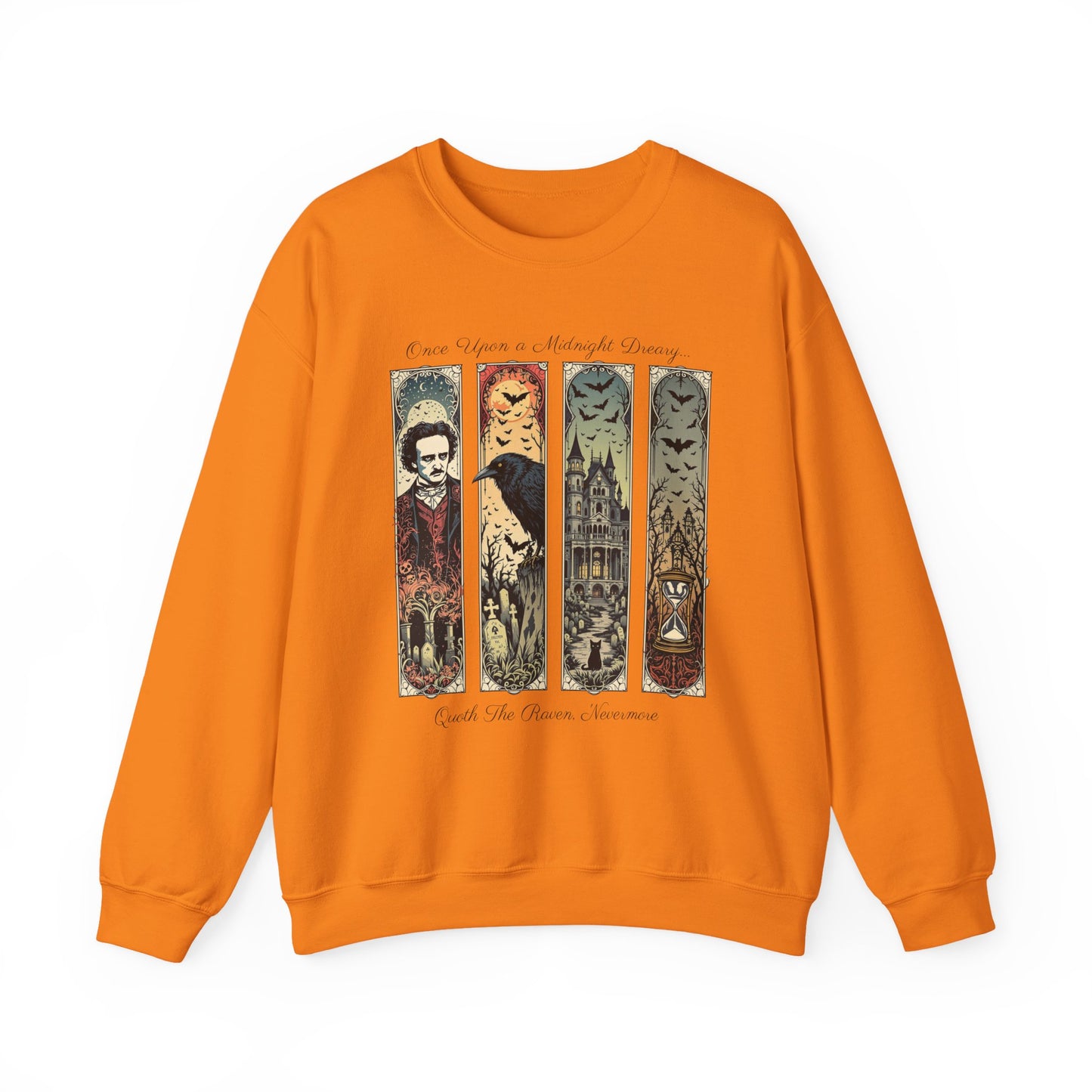 Edgar Allan Poe Sweatshirt The Raven Nevermore Gothic Horror Sweater Dark Academia Macabre Halloween Gift for Book Lovers Birthday Christmas Sweatshirt Printify Safety Orange S