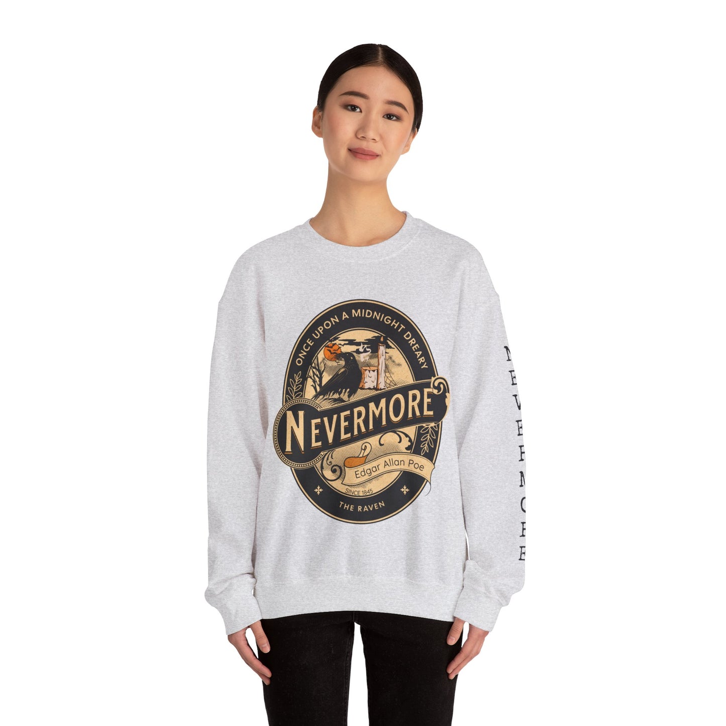 Edgar Allan Poe, Sleeve Print Nevermore The Raven Sweatshirt, Book Lover, Halloween, Haunting Gothic Gift, Light, Dark Academia, Horror Movie Sweater Sweatshirt Printify