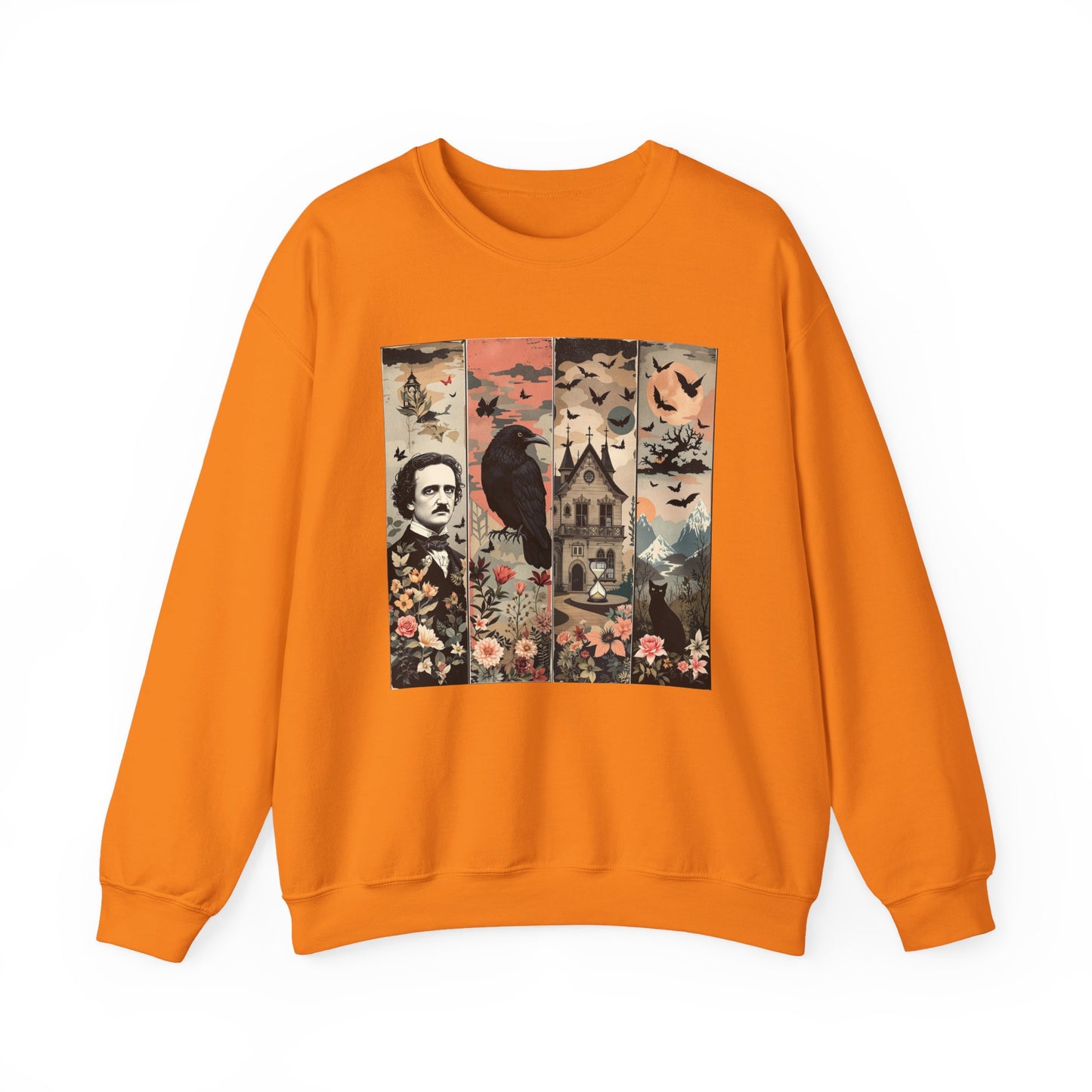Edgar Allan Poe Sweatshirt The Raven Nevermore Gothic Horror Sweater Dark Academia Macabre Halloween Gift for Book Lovers Birthday Christmas Sweatshirt Printify Safety Orange S