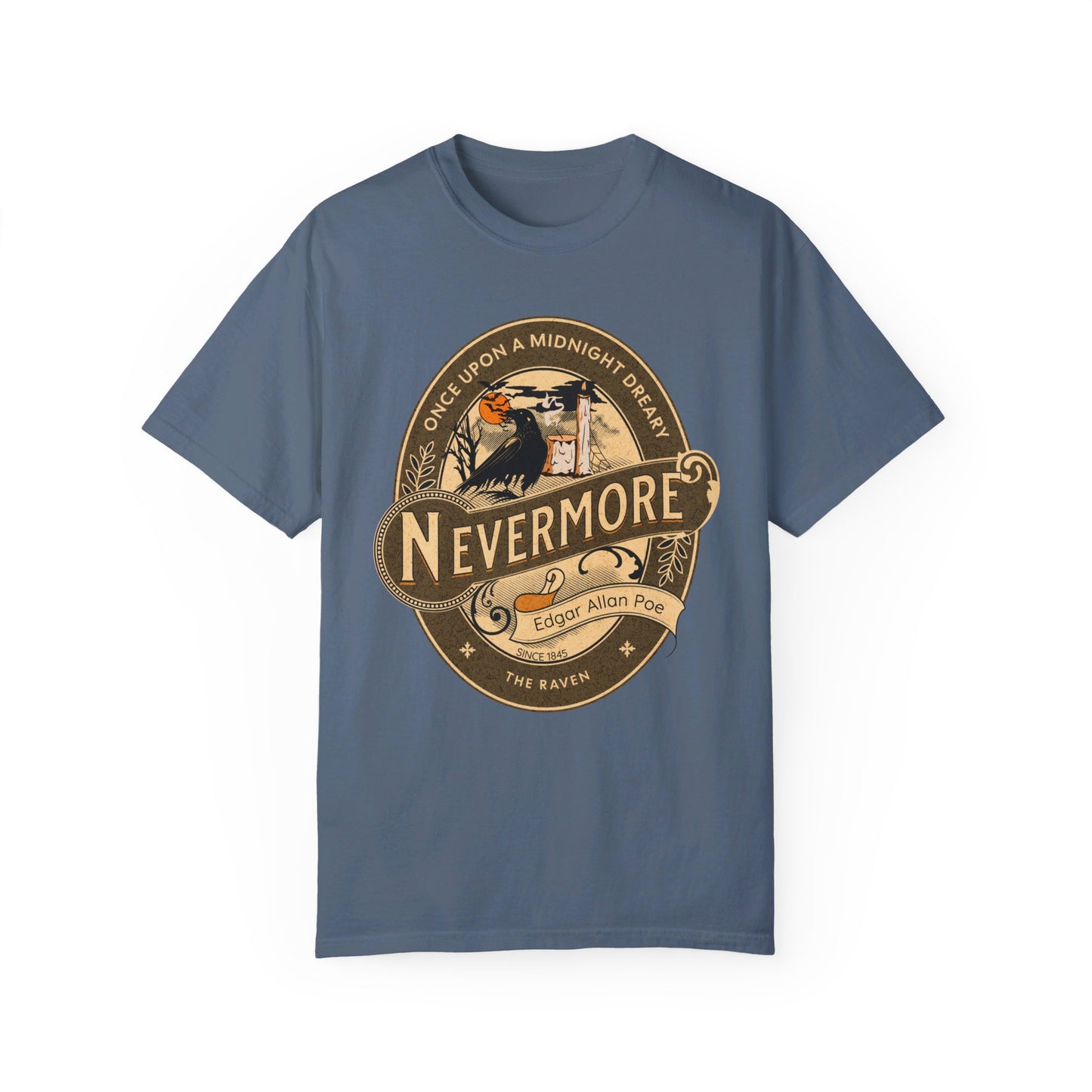 Edgar Allan Poe Shirt, Nevermore The Raven Tee, Book, Reading Lover Shirt, Halloween, Gothic, Light Academia Gifts, Comfort Colours TShirt T-Shirt Printify Blue Jean S