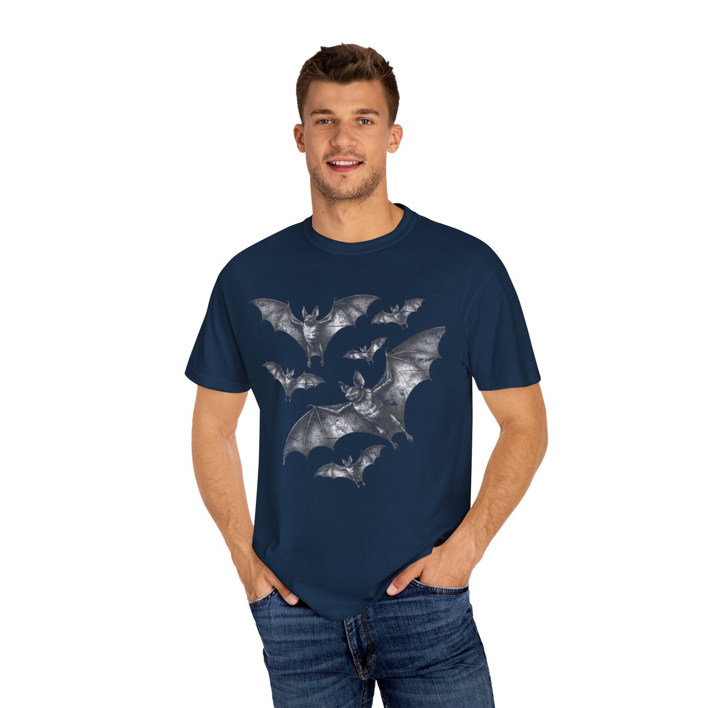 Bat Retro Goth TShirt Vintage Grunge Style Bat Shirt For Halloween Party Spooky Vibes Witchy Dark Academia Comfort Colors Oversized Shirt T-Shirt Printify True Navy S