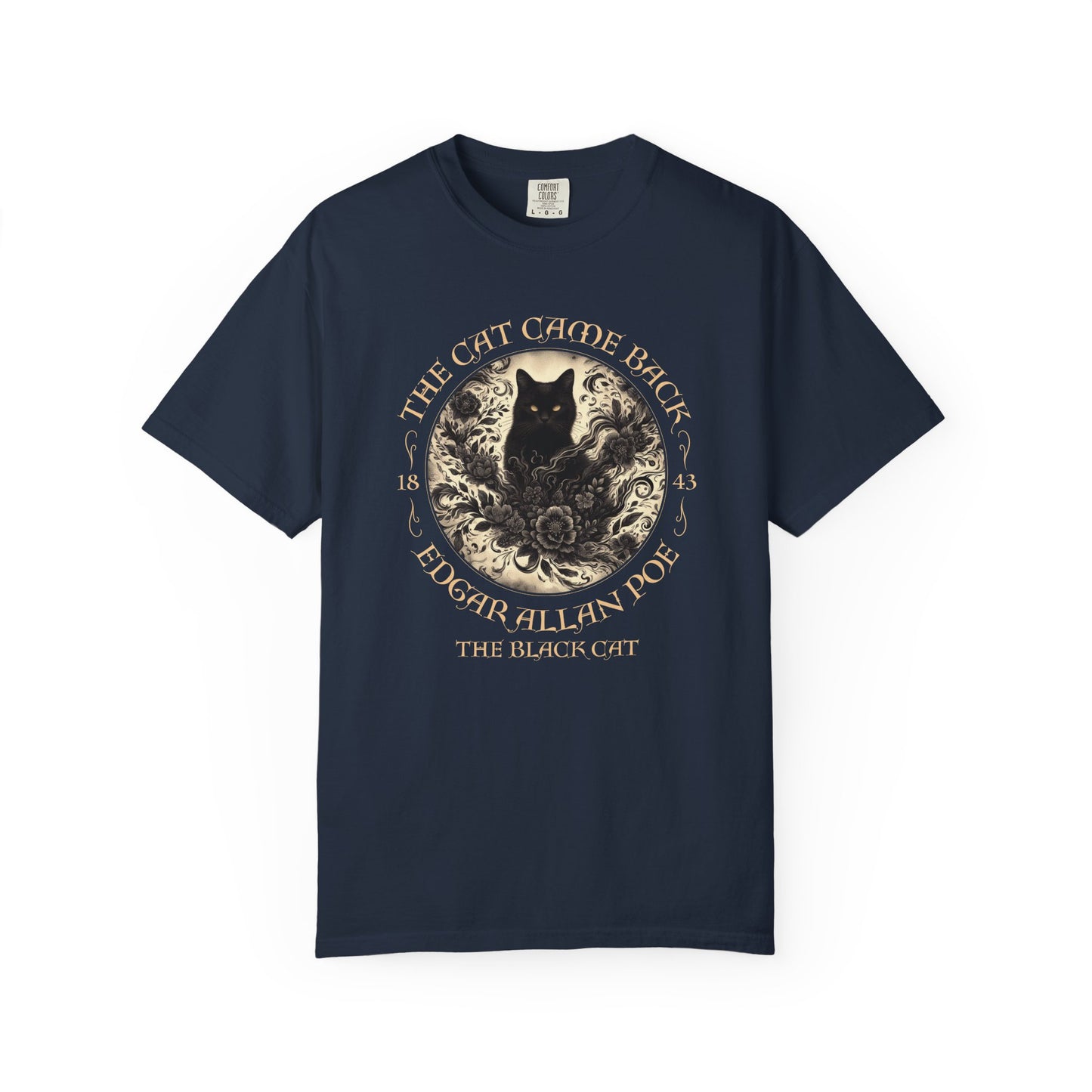 Gothic Cat TShirt Edgar Allan Poe The Black Cat Dark Academia Cottagecore Aesthetic Book Lover Gift Haunting Apparel Halloween Fall Tee T-Shirt Printify Navy S