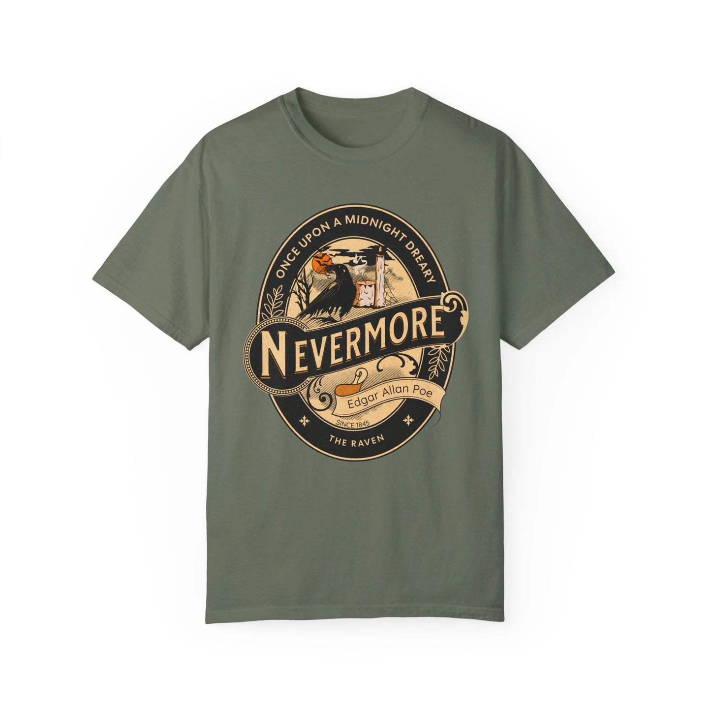 Edgar Allan Poe Shirt, Nevermore The Raven Tee, Book Lover Shirt, Halloween, Gothic, Goblincore Gift, Light Academia, Comfort Colours TShirt T-Shirt Printify Moss S