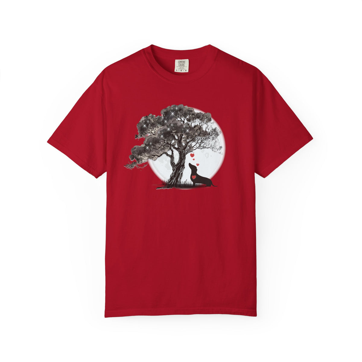 TREE MOON PET Black Dog Under Tree with Red Ball T-shirt | Dog Silhouette Nature Tee