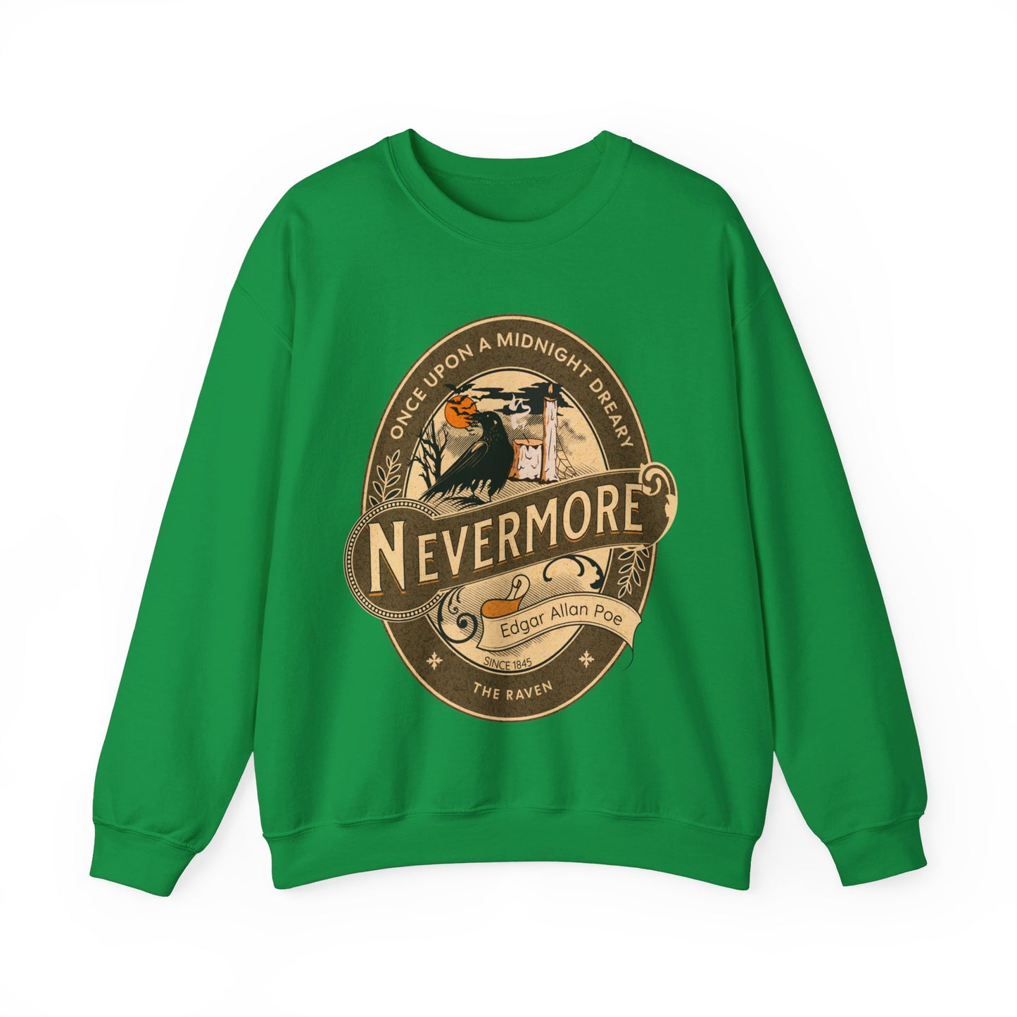 Edgar Allan Poe, Nevermore The Raven Sweatshirt, Book Lover, Halloween, Haunting Gothic Gift, Light, Dark Academia, Horror Movie Sweater Sweatshirt Printify S Irish Green
