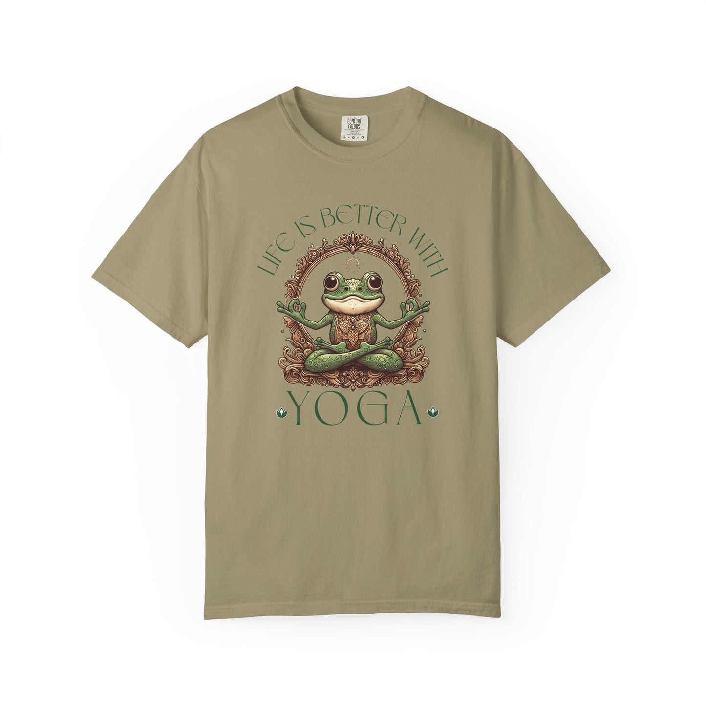 Green Yoga Frog Life Is Better With Yoga Unisex T-Shirt, Casual Wear, Highlander Fan Gift, T-Shirt Printify Khaki S
