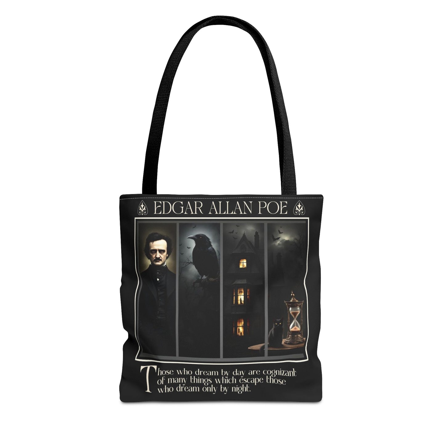 Edgar Allan Poe Tote Bag Gothic Literary Gift for Book Lover Dark Academia Macabre Accessory Halloween Tote Fall School Bag for Poetember Bags Printify 13" × 13'' Black