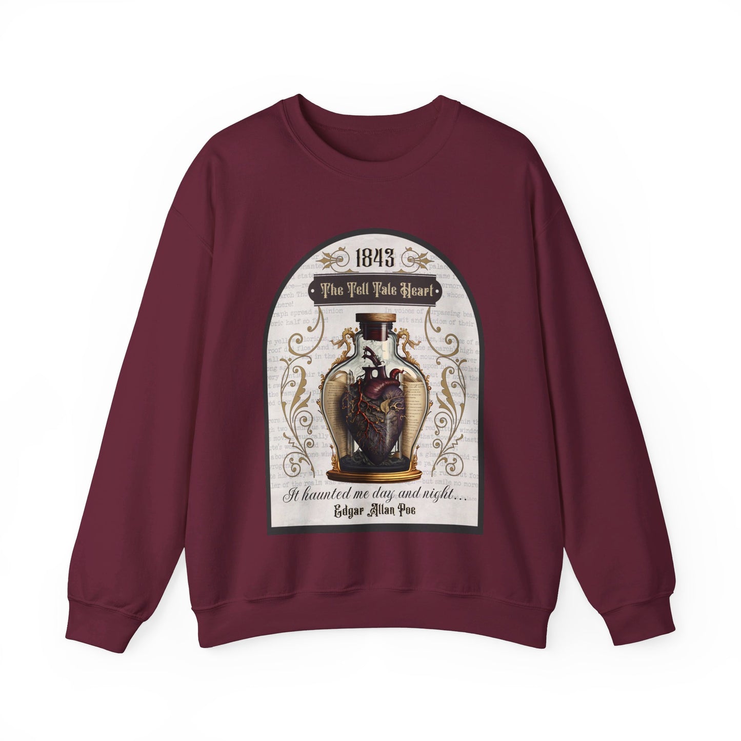 Edgar Allan Poe, The Tell Tale Heart Sweatshirt, Book Lover, Halloween, Haunting Gothic Gift, Light, Dark Academia, Horror Movie Sweater Sweatshirt Printify S Maroon