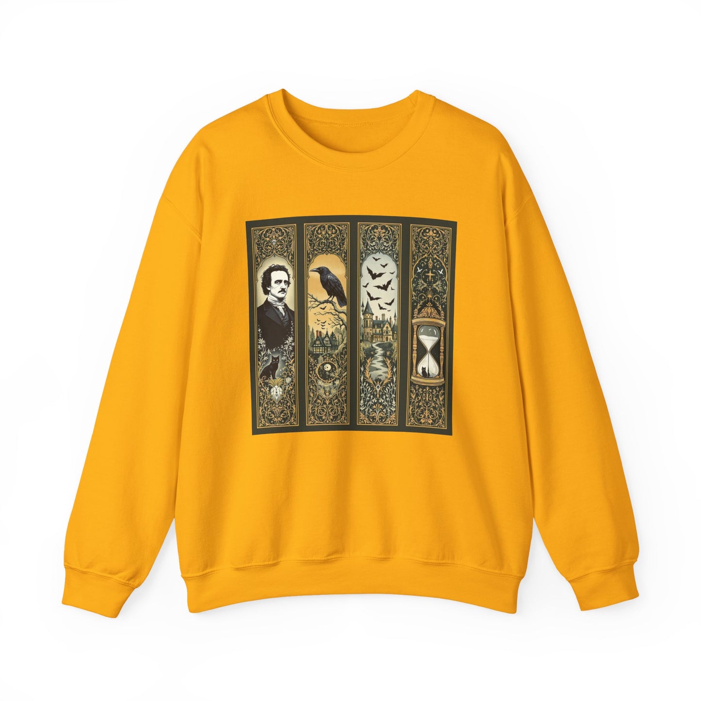 Edgar Allan Poe Sweatshirt The Raven Nevermore Gothic Horror Sweater Dark Academia Macabre Halloween Gift for Book Lovers Birthday Christmas Sweatshirt Printify Gold S