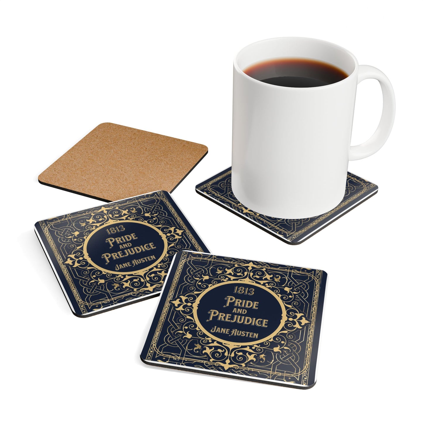Jane Austen Coffee Mug Coasters, Pride And Prejudice Historical Romance Home Decor, Bookish Bookclub Literary Set of 4 Fan Art Gifts Home Decor Printify