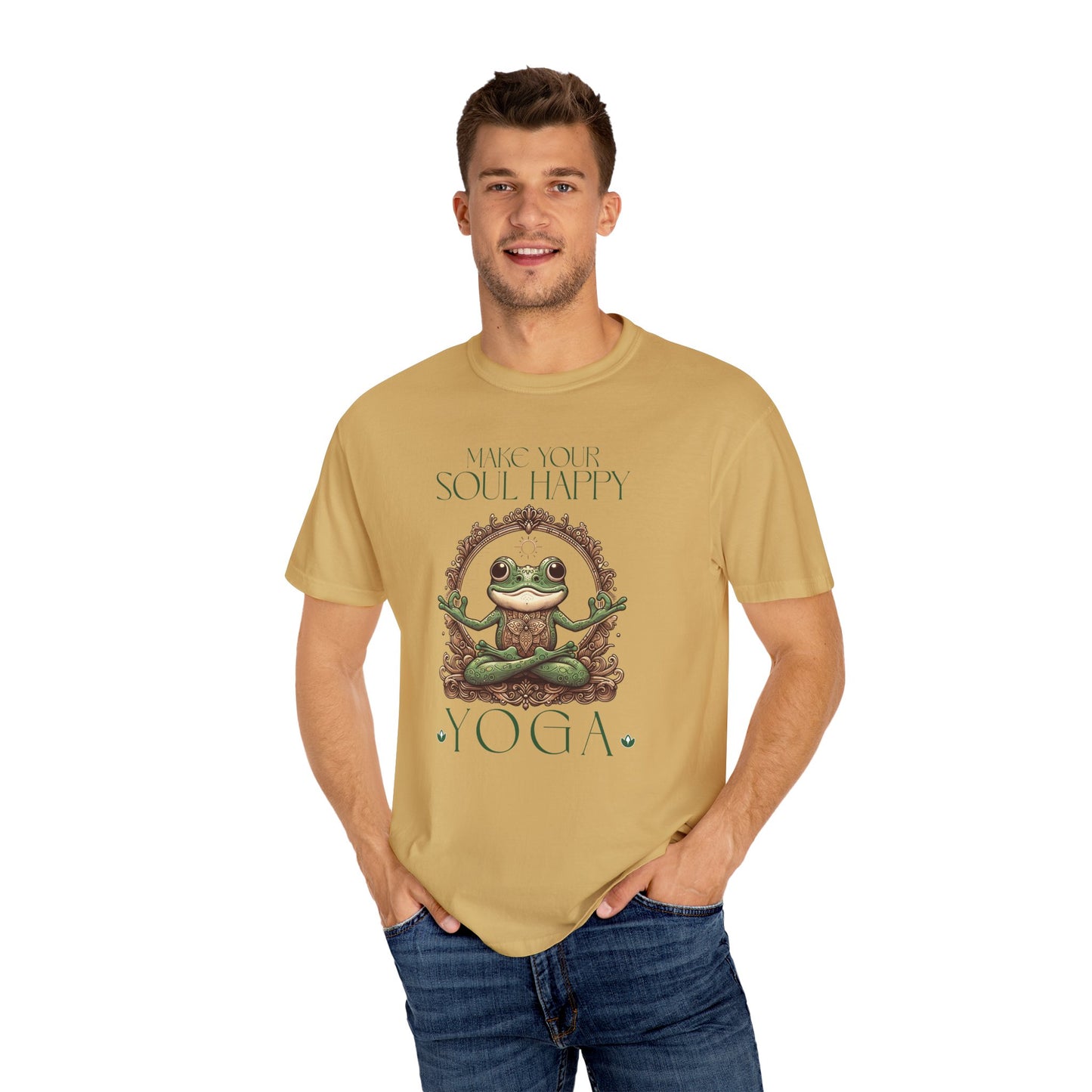 Green Yoga Frog Make Your Soul Happy Unisex T-Shirt, Casual Wear, Highlander Fan Gift, T-Shirt Printify