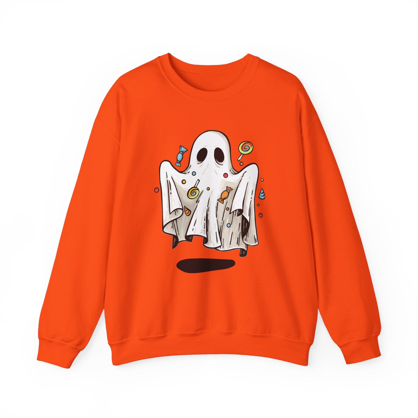 Cute Halloween Ghost Floating, Covered in Candy Sweatshirt, Trick or Treat Shirt, Spooky Ghost Season, Fun Halloween Party, Festival Sweater Sweatshirt Printify S Orange