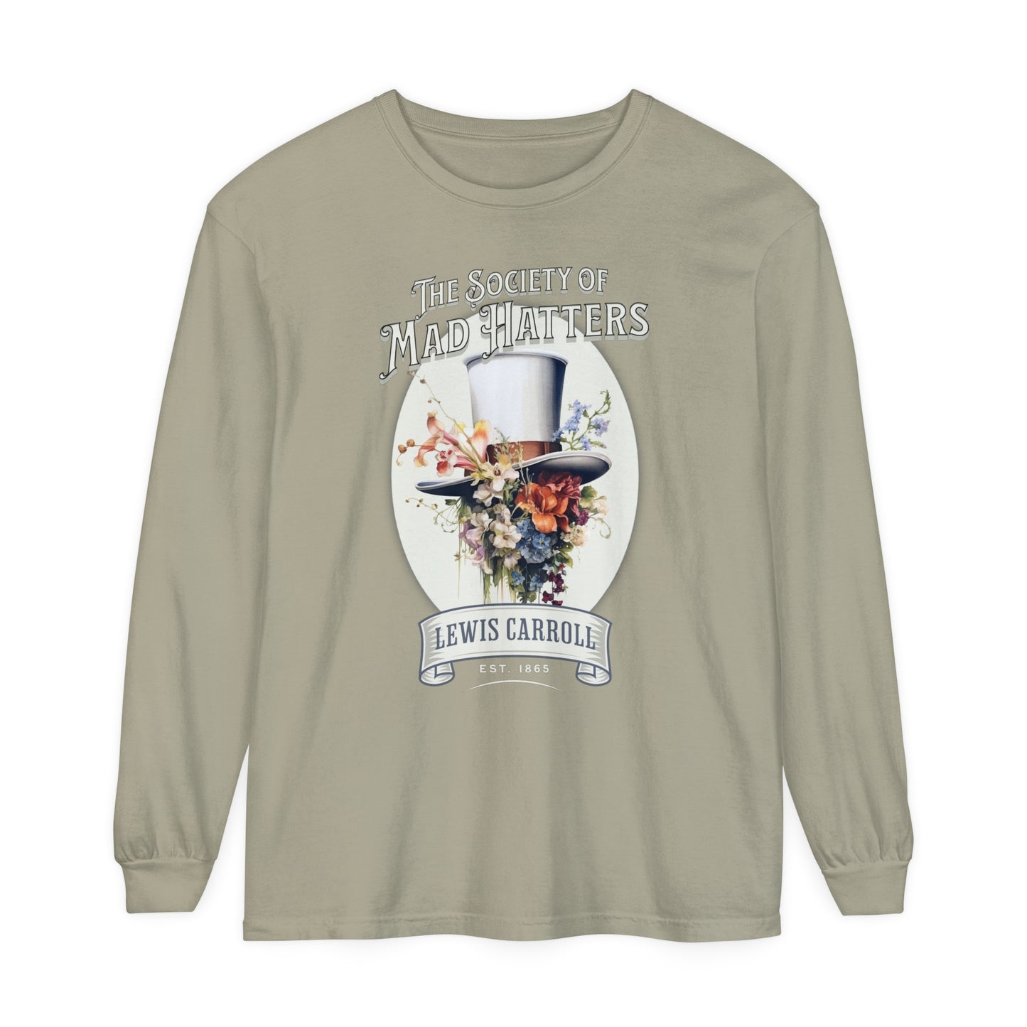 Alice in Wonderland Long Sleeve Shirt, Vintage Lewis Carroll The Mad Hatter TShirt, Tea Party, Queen of Hearts Bookish Booktok Academia Gift Long-sleeve Printify Sandstone S