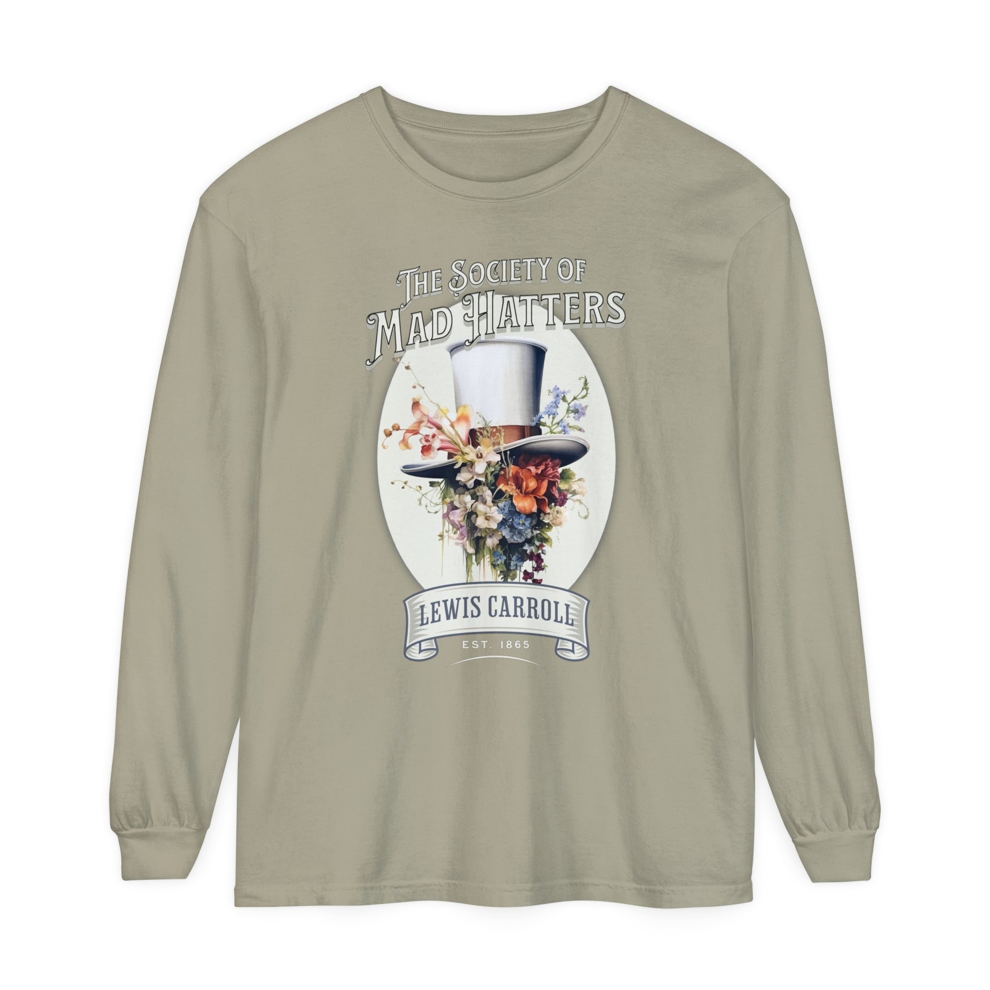 Alice in Wonderland Long Sleeve Shirt, Vintage Lewis Carroll The Mad Hatter TShirt, Tea Party, Queen of Hearts Bookish Booktok Academia Gift Long-sleeve Printify Sandstone S
