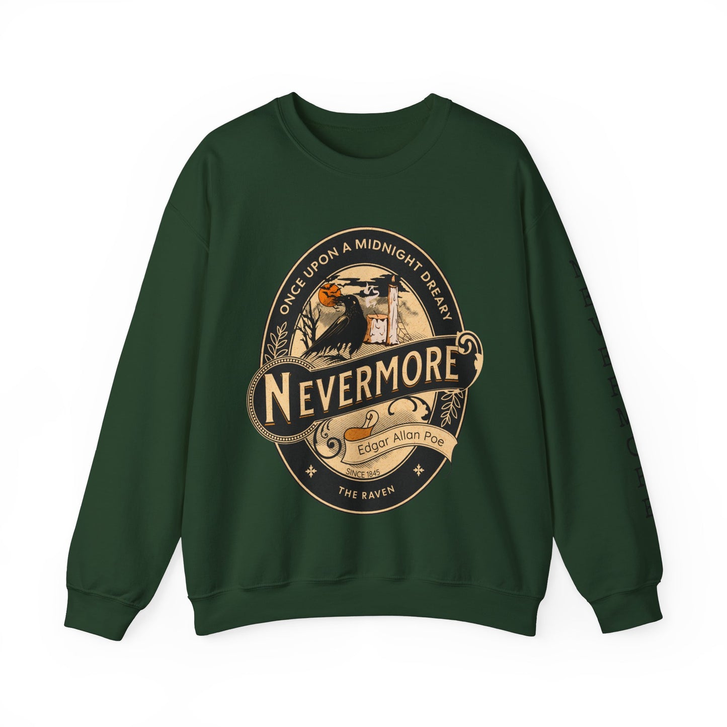 Edgar Allan Poe, Sleeve Print Nevermore The Raven Sweatshirt, Book Lover, Halloween, Haunting Gothic Gift, Light, Dark Academia, Horror Movie Sweater Sweatshirt Printify S Forest Green