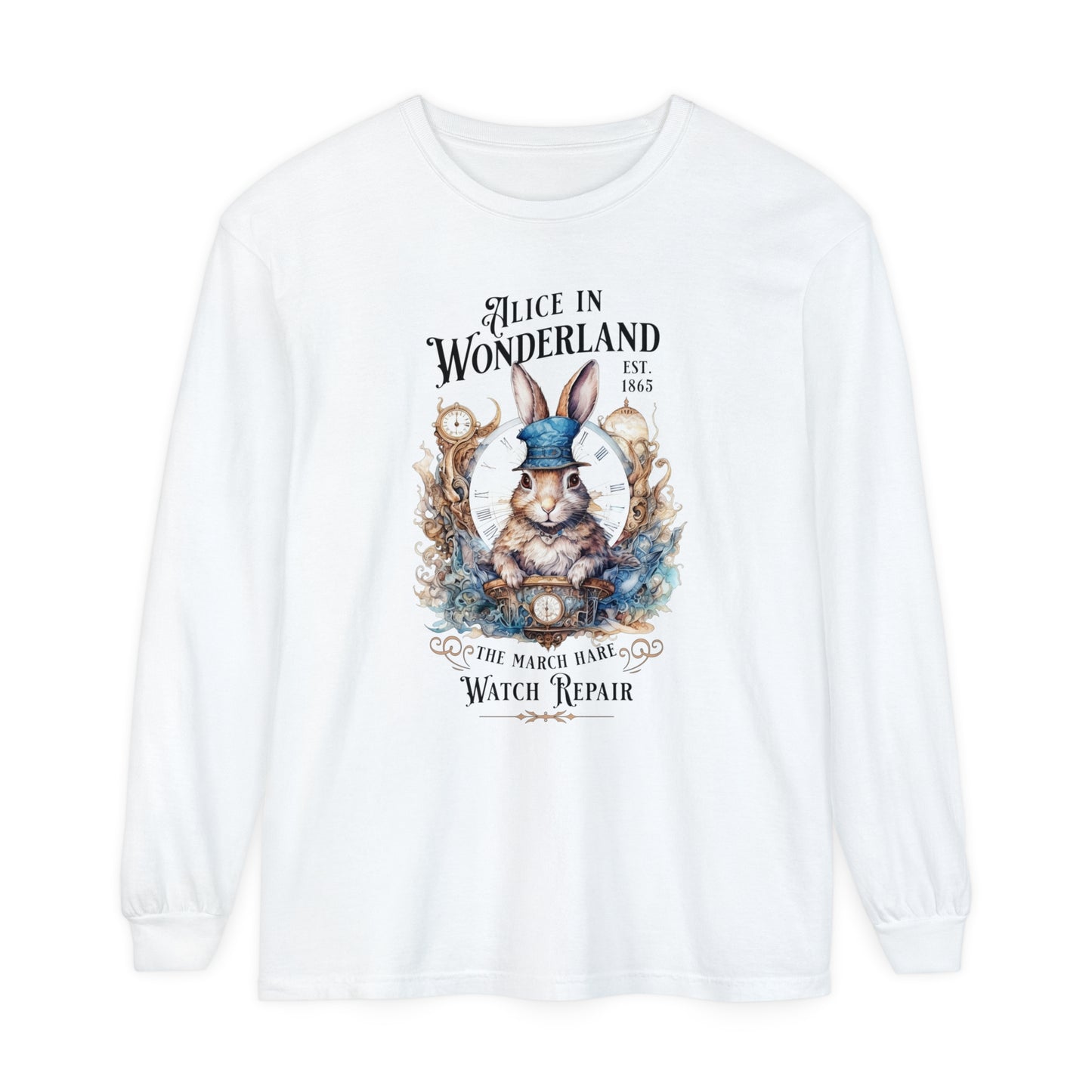 Alice in Wonderland Long Sleeve Shirt, Lewis Carroll Dark Academia TShirt, Mad Hatter Tea Party March Hare White Rabbit Bookish Booktok Gift Long-sleeve Printify White S