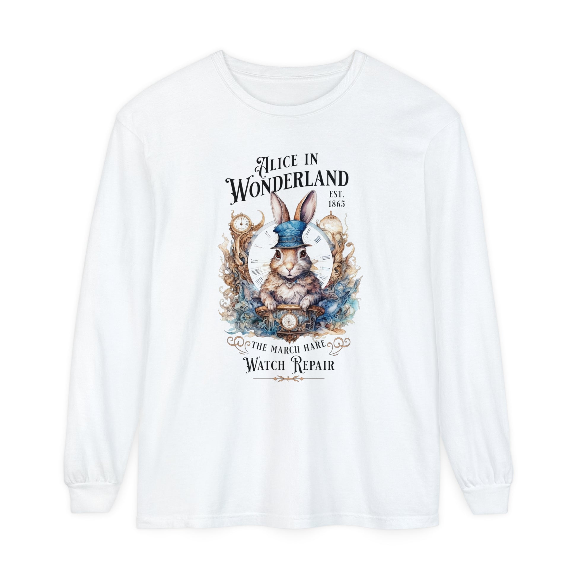 Alice in Wonderland Long Sleeve Shirt, Lewis Carroll Dark Academia TShirt, Mad Hatter Tea Party March Hare White Rabbit Bookish Booktok Gift Long-sleeve Printify White S