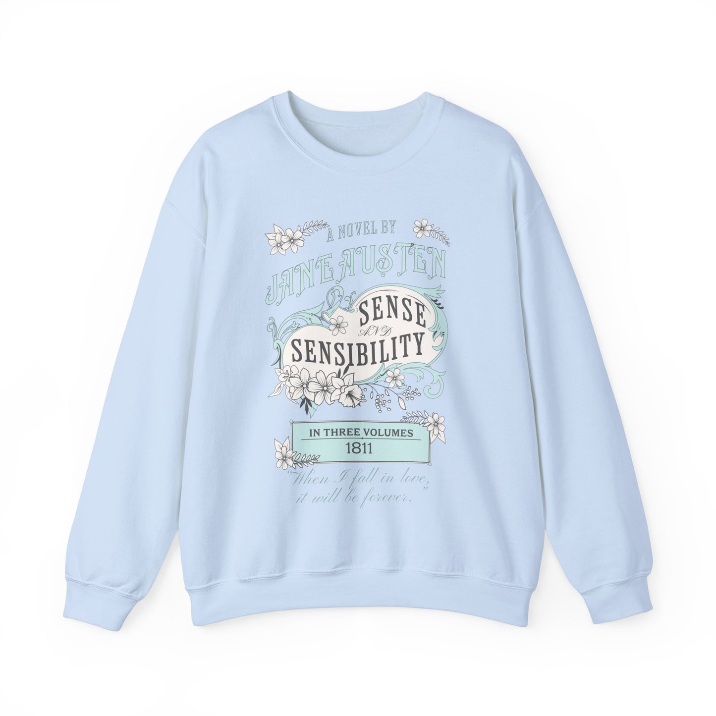 Jane Austen Sweatshirt, Sense & Sensibility Historical Romance Sweater, Bookish Literary Jane Austen Fan Art Gift, Gift for Her, Readers, Sweatshirt Printify S Light Blue